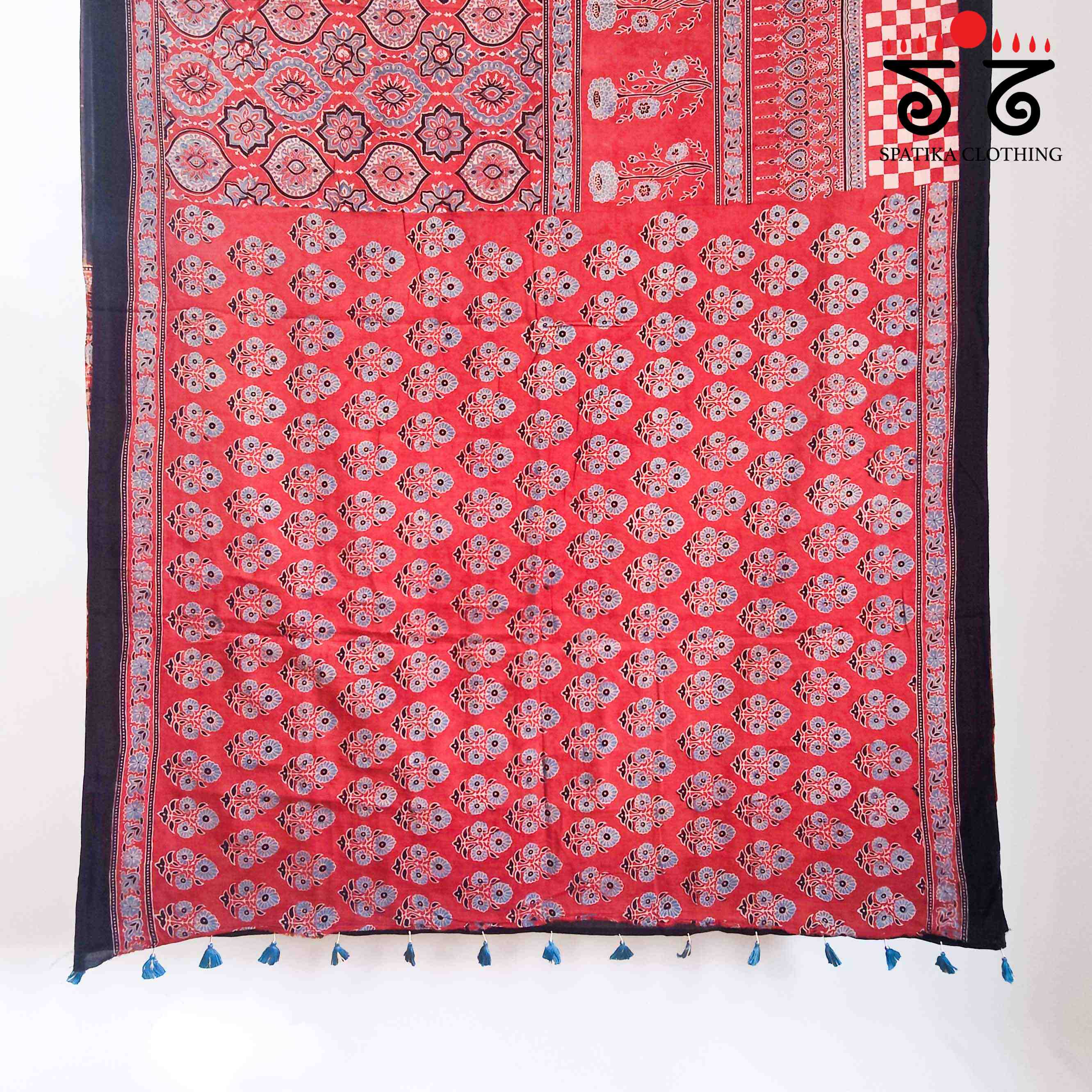 Ajrakh Handblock Print on Red Mulmul Cotton Saree