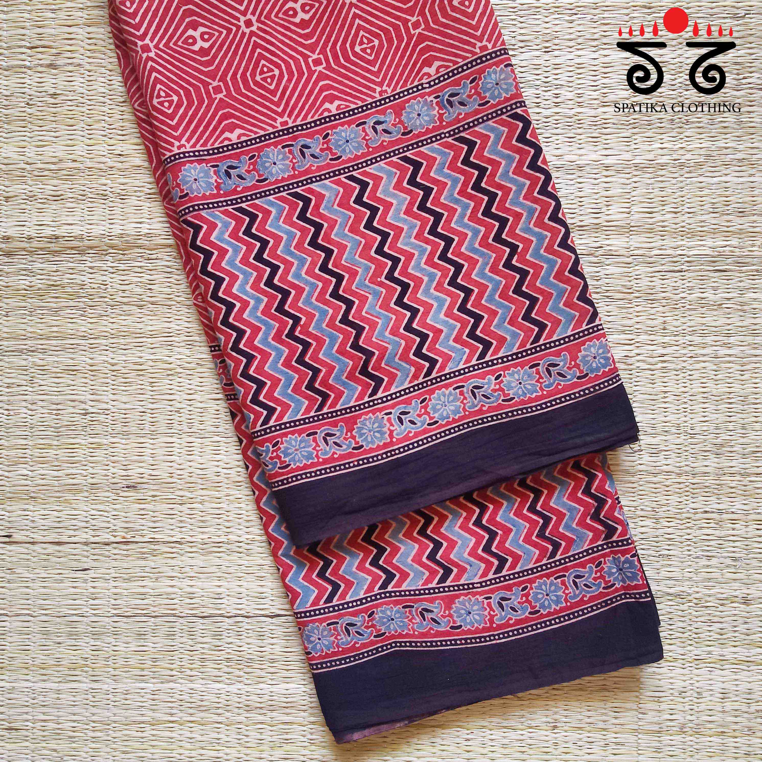 Ajrakh Handblock Print on Red Mulmul Cotton Saree