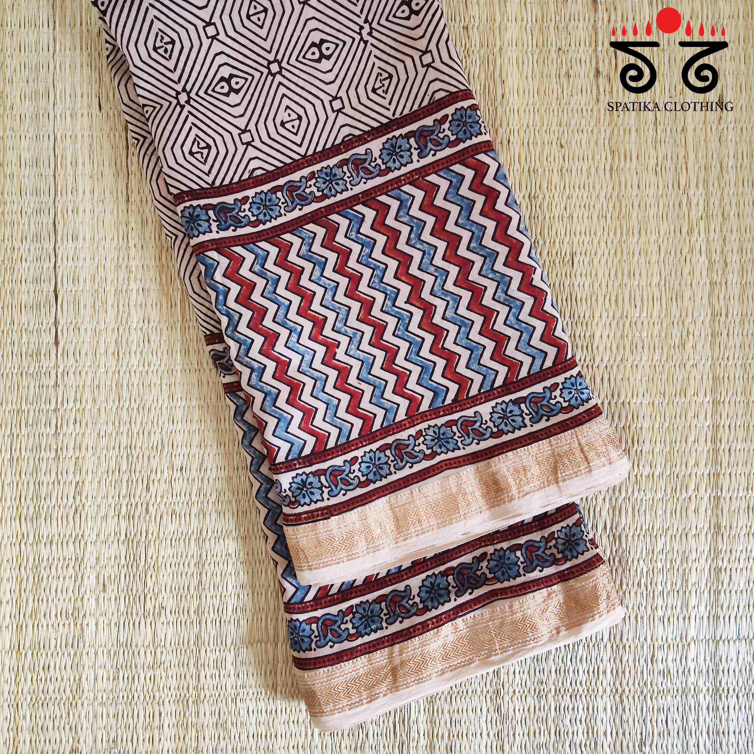 White Ajrak Maheshwari Silk Cotton Saree