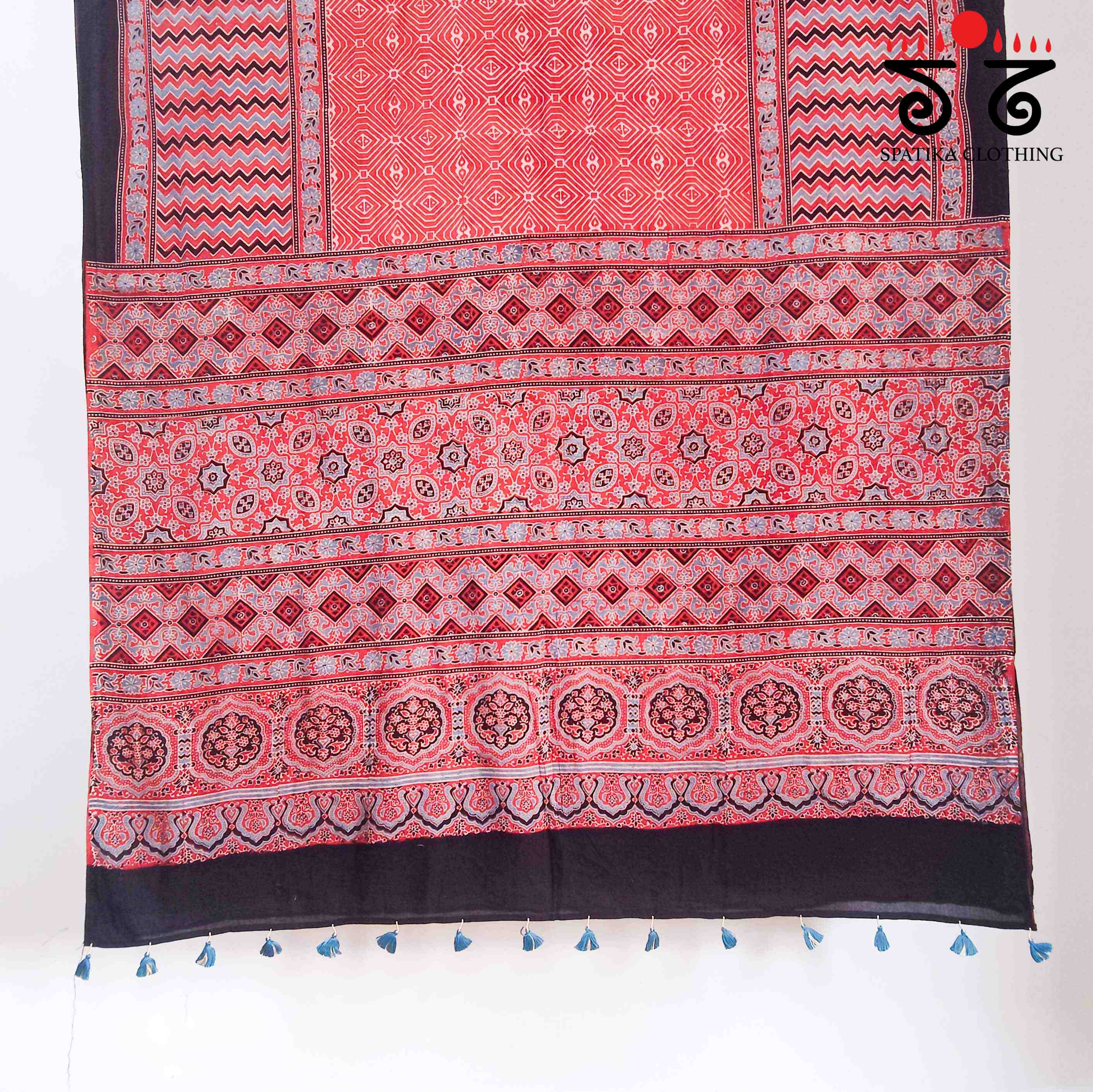 Ajrakh Handblock Print on Red Mulmul Cotton Saree