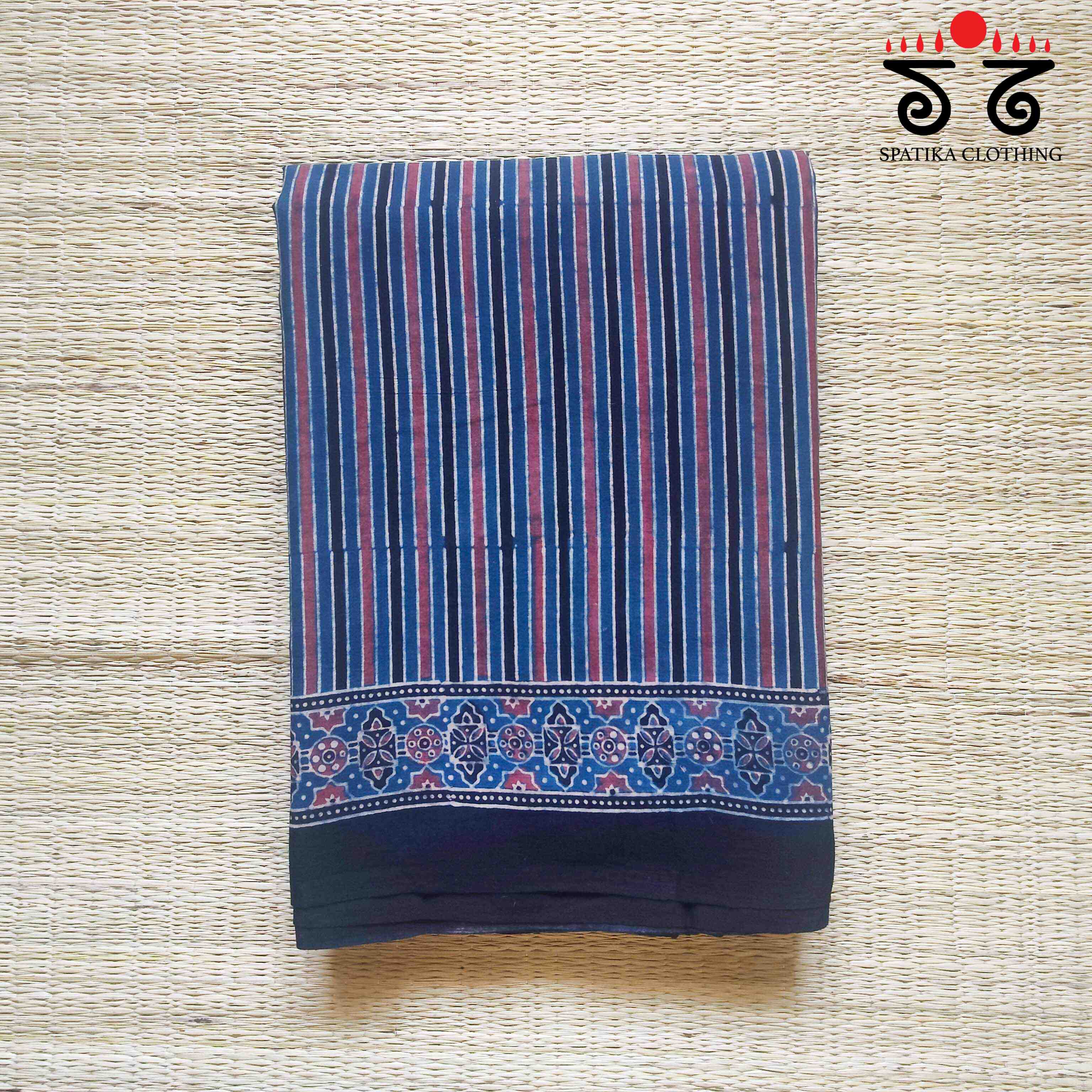 Ajrakh Handblock Print on Blue Mulmul Cotton Saree