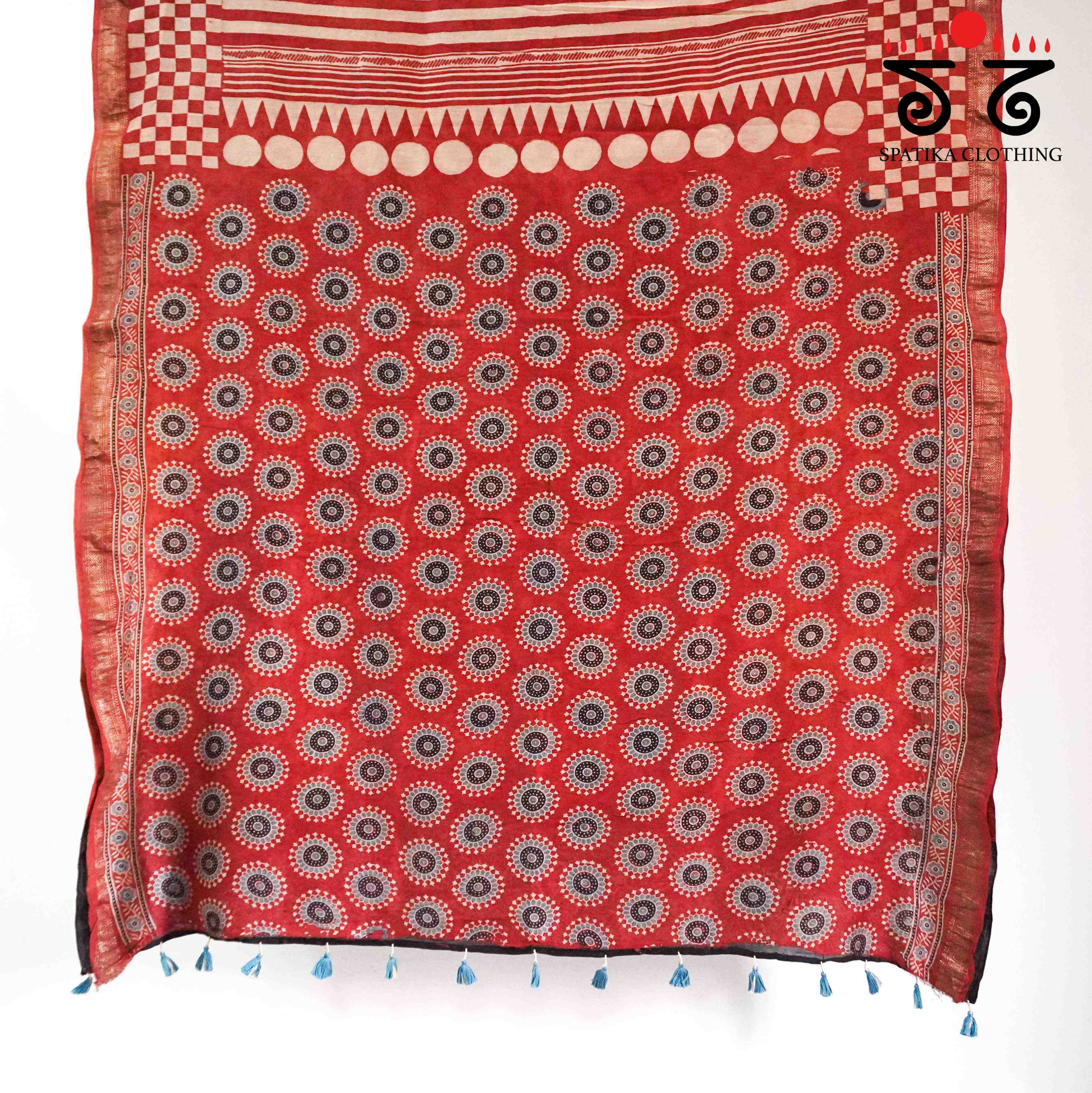 Red Ajrak Maheshwari Silk Cotton Saree