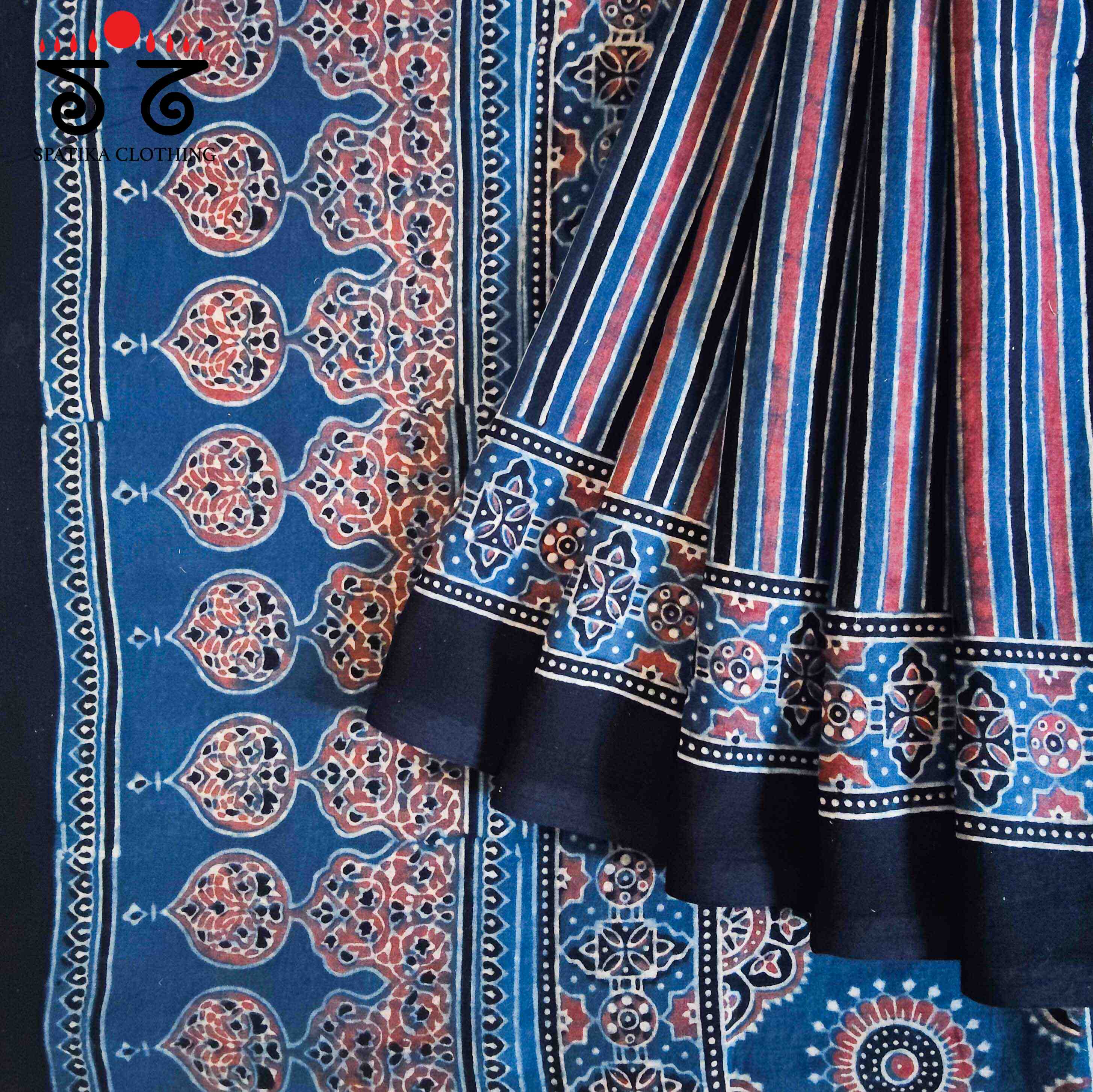 Ajrakh Handblock Print on Blue Mulmul Cotton Saree