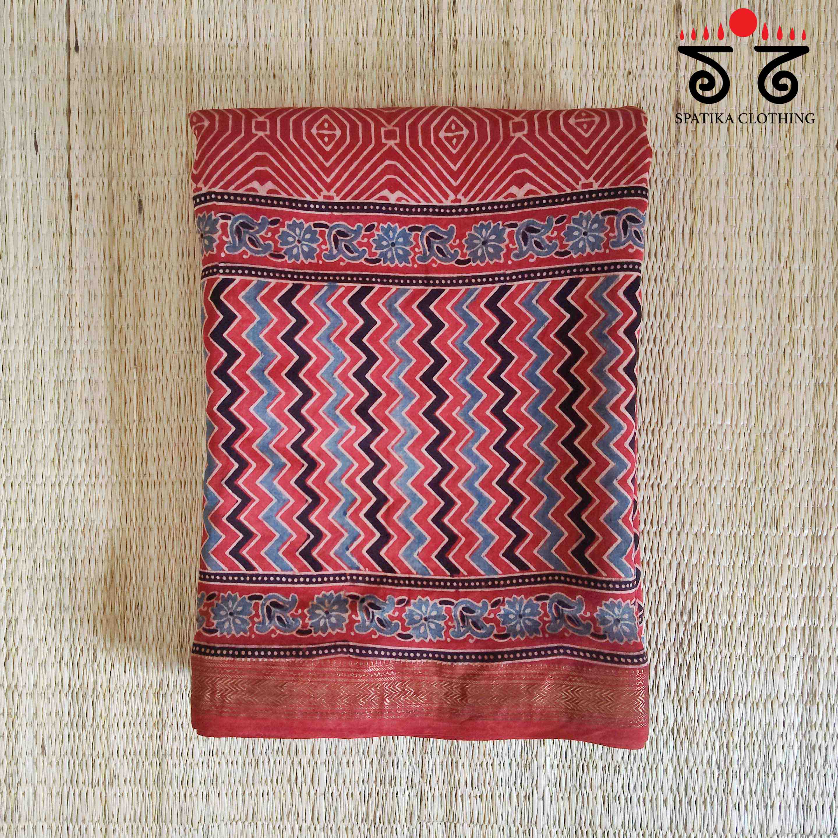 Red Ajrak Maheshwari Silk Cotton Saree