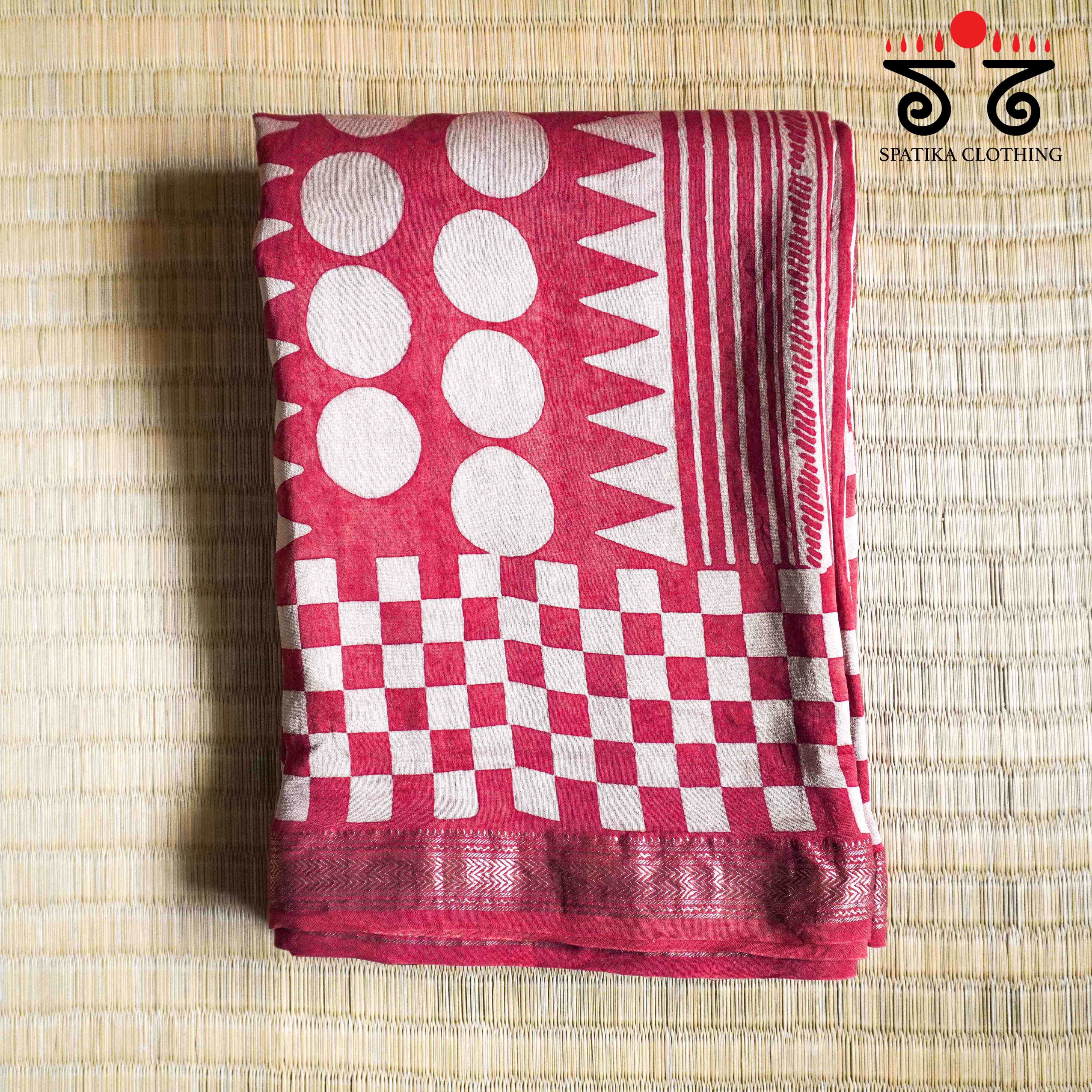 Red Ajrak Maheshwari Silk Cotton Saree