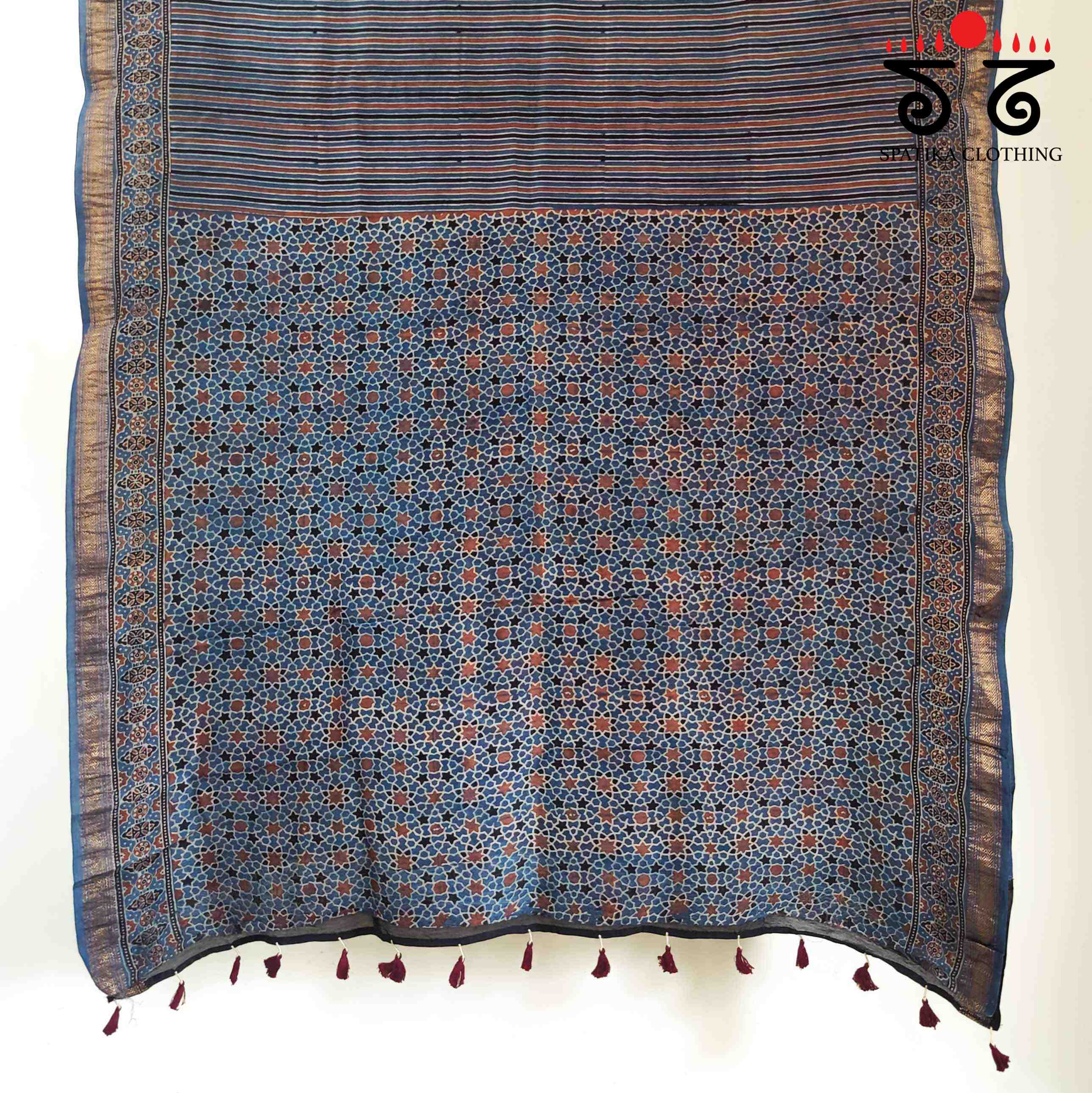 Blue Ajrak Maheshwari Silk Cotton Saree