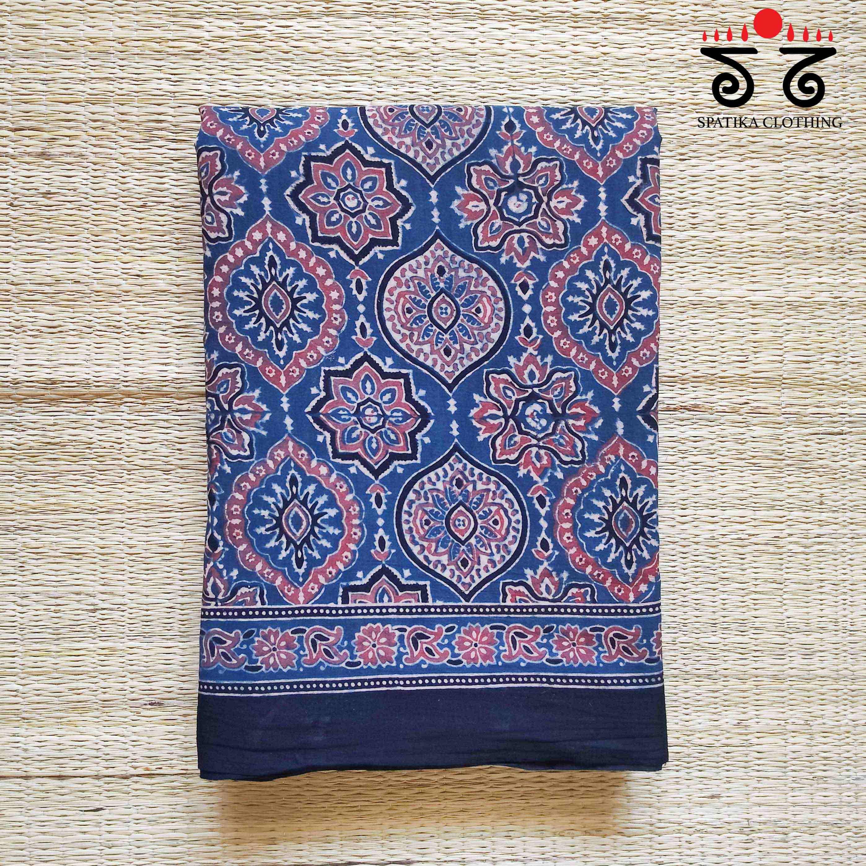 Ajrakh Handblock Print on Blue Mulmul Cotton Saree
