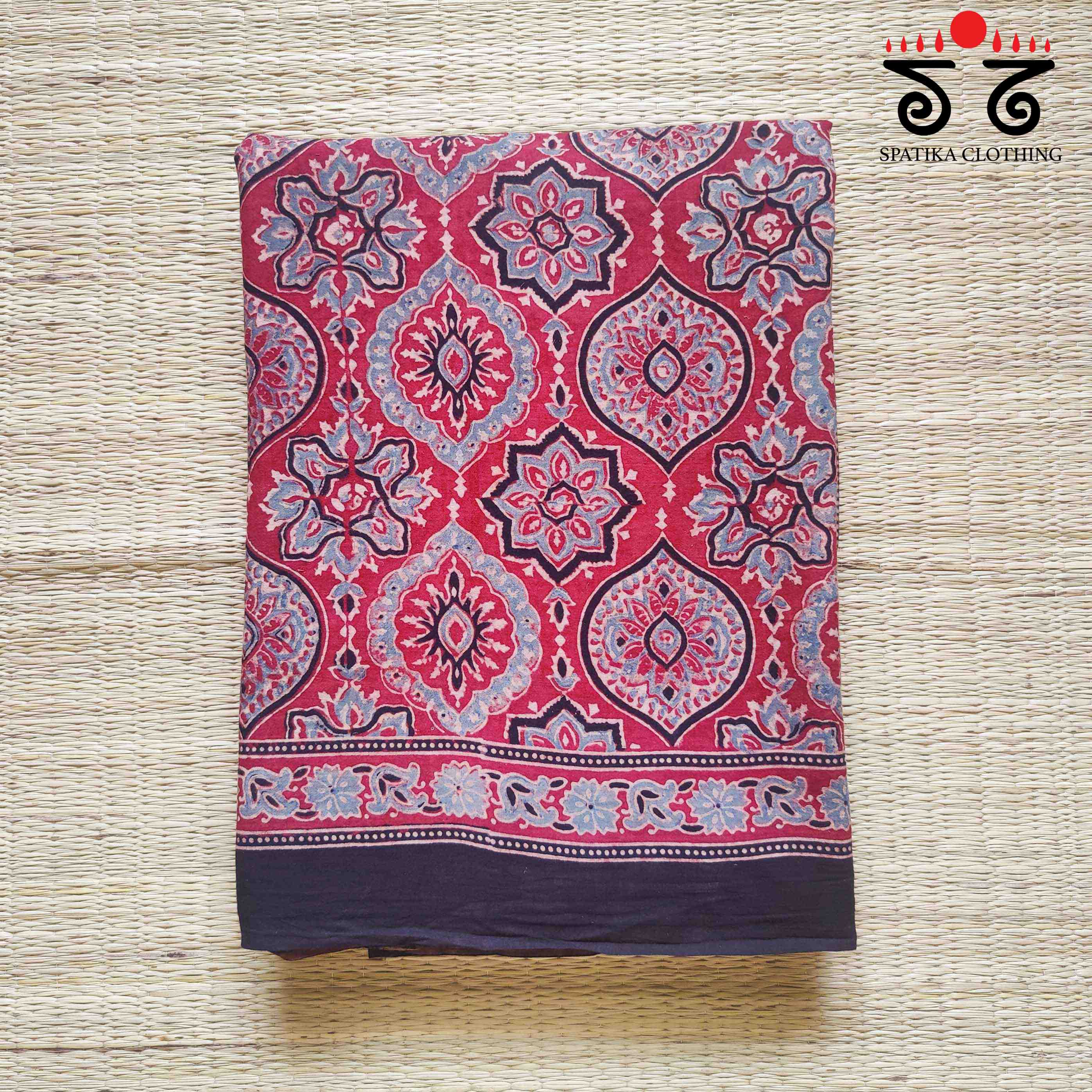 Ajrakh Handblock Print on Red Mulmul Cotton Saree
