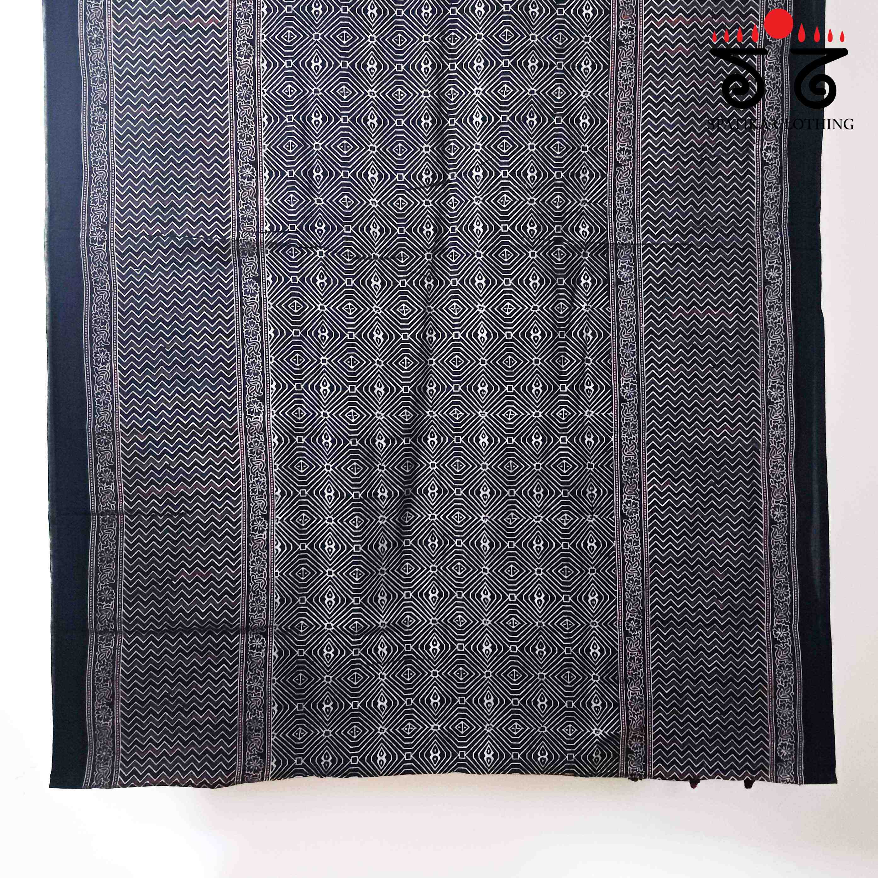 Ajrakh Handblock Print on Black Mulmul Cotton Saree
