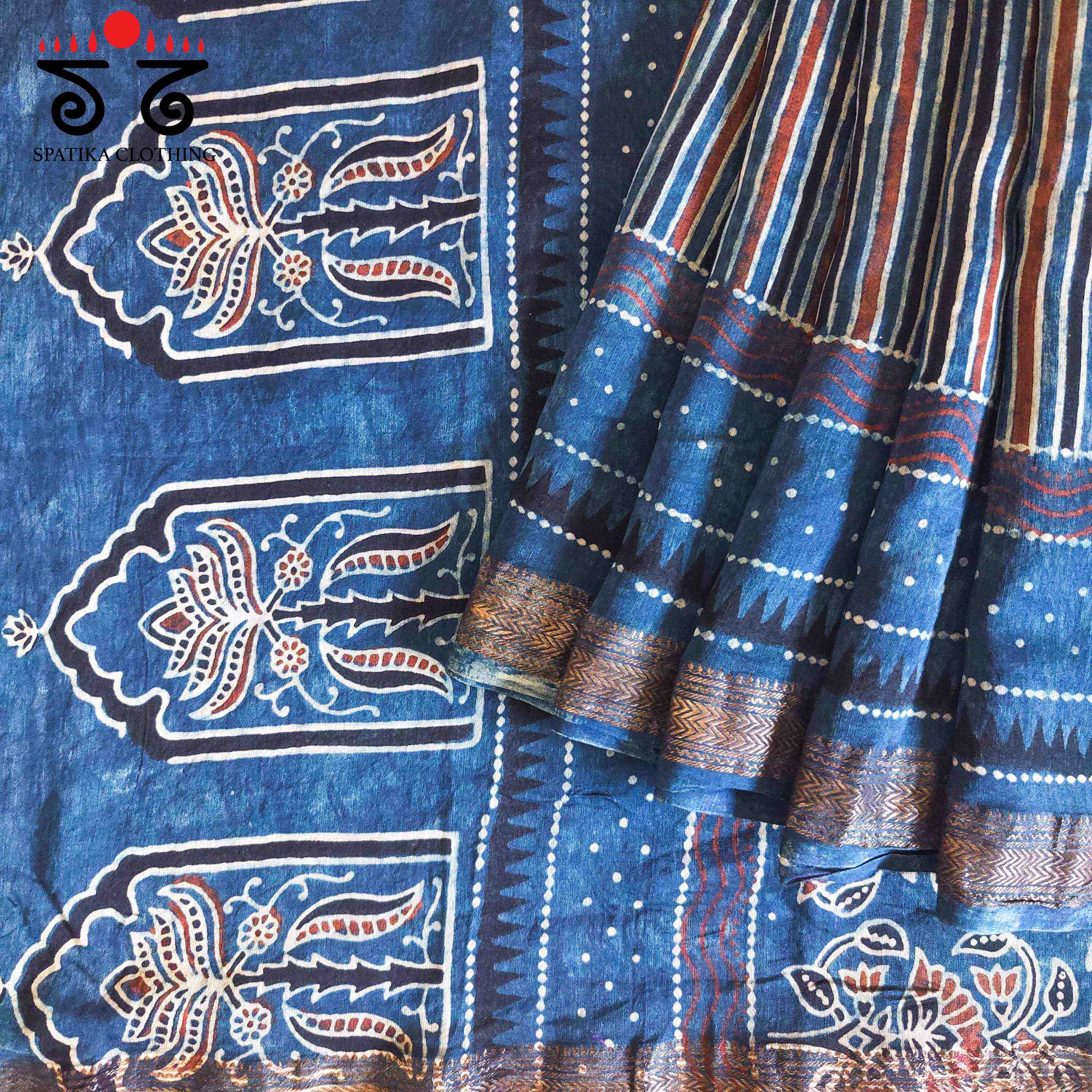 Blue Ajrak Maheshwari Silk Cotton Saree