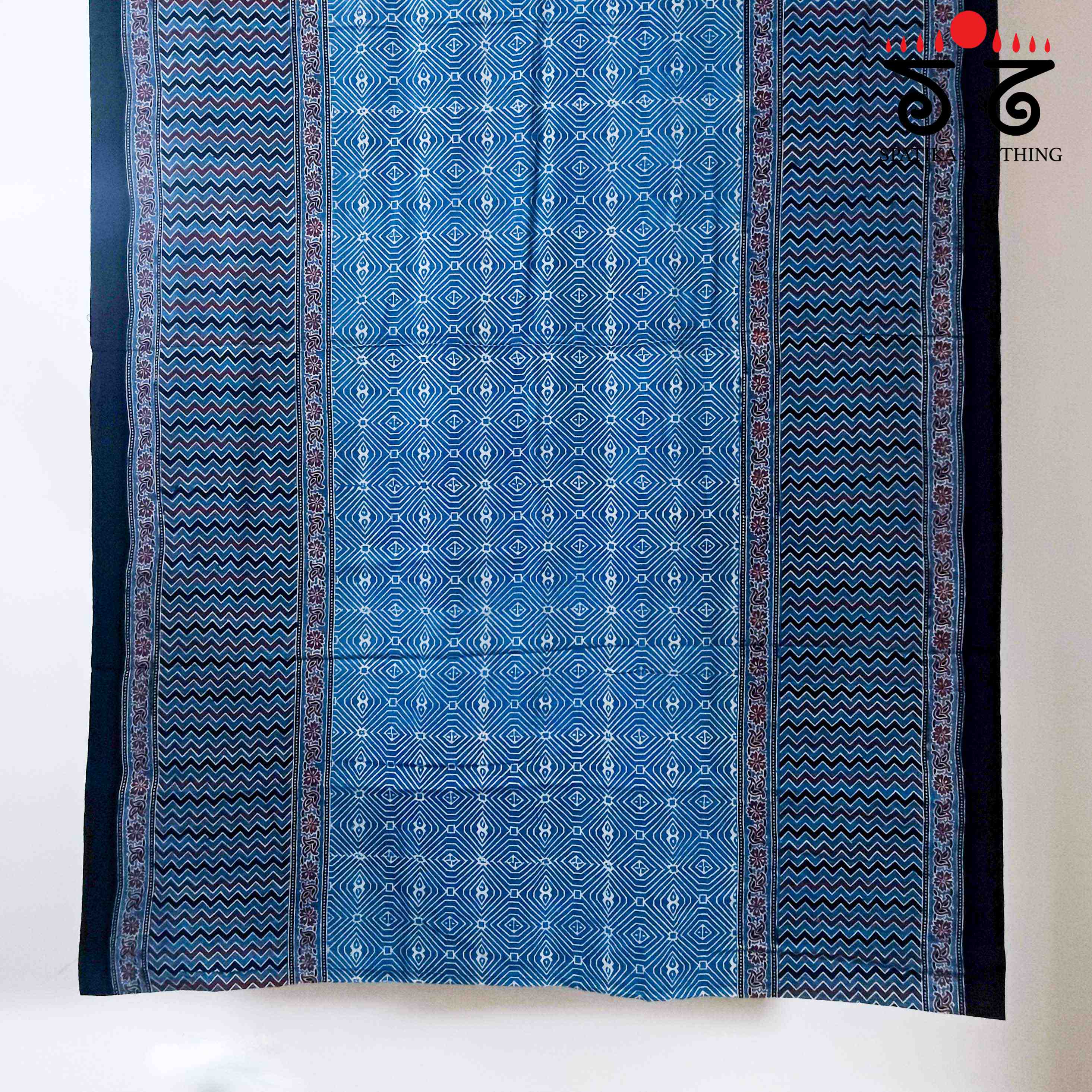 Ajrakh Handblock Print on Blue Mulmul Cotton Saree