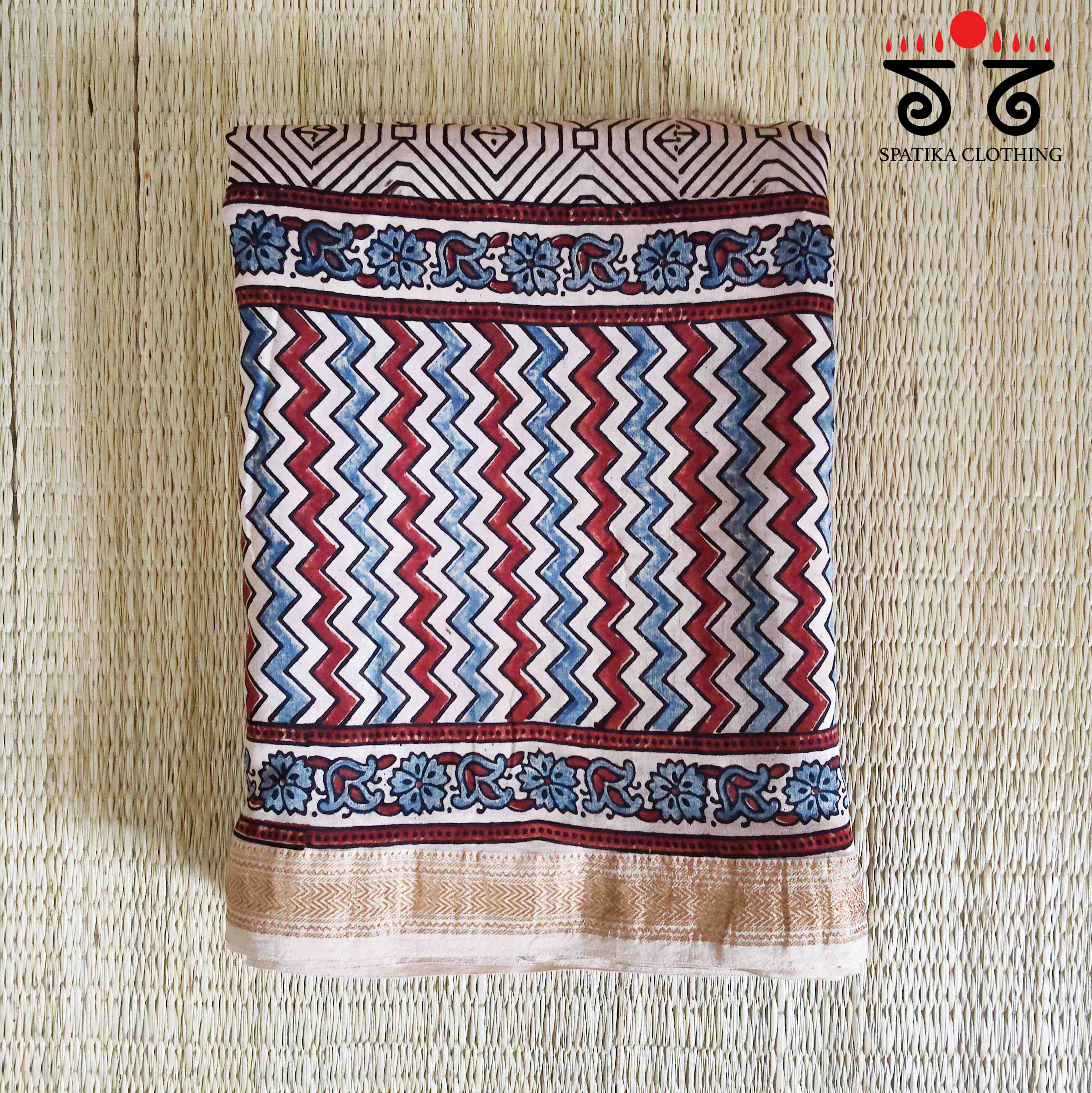 White Ajrak Maheshwari Silk Cotton Saree