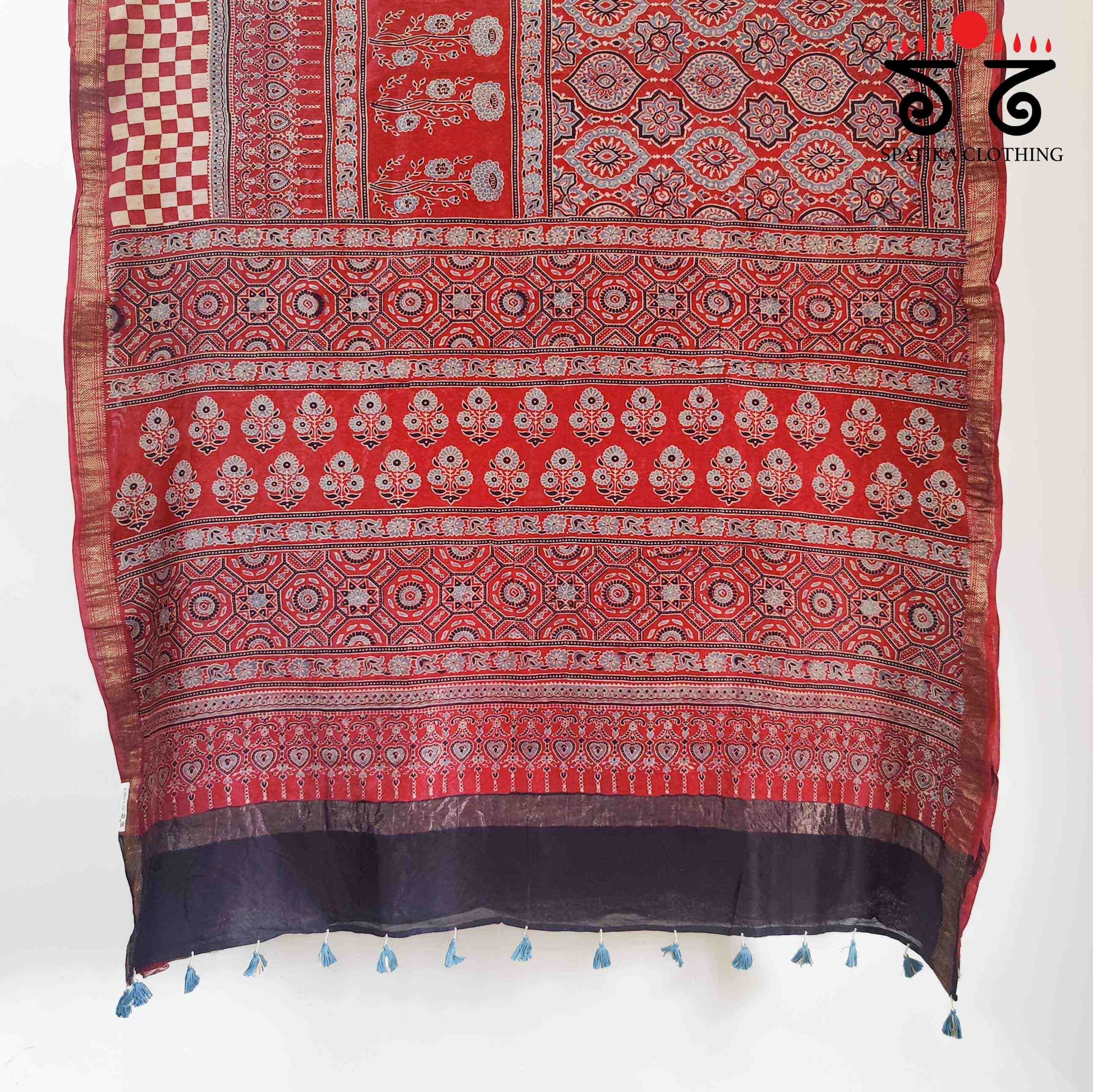 Red Ajrak Maheshwari Silk Cotton Saree