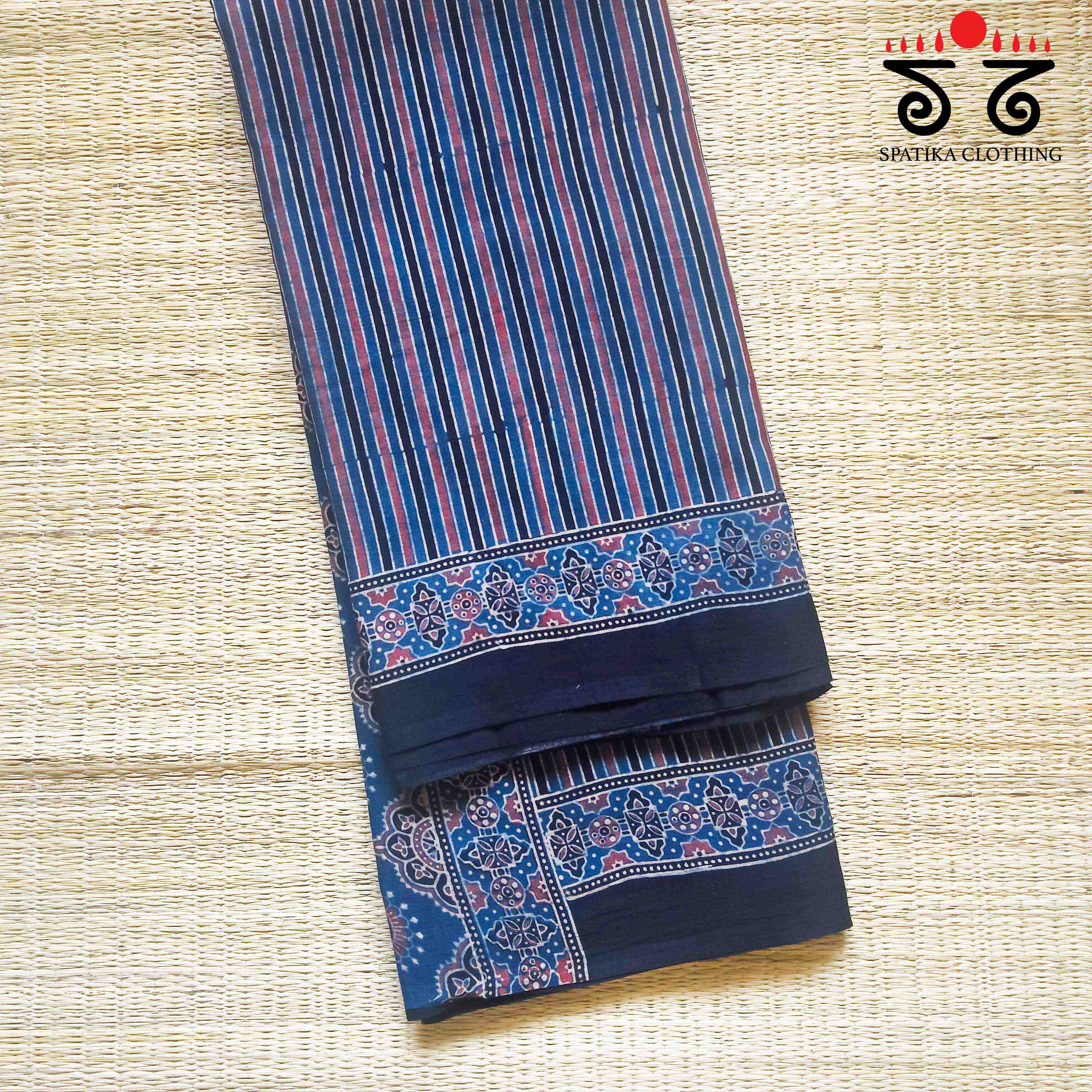 Ajrakh Handblock Print on Blue Mulmul Cotton Saree