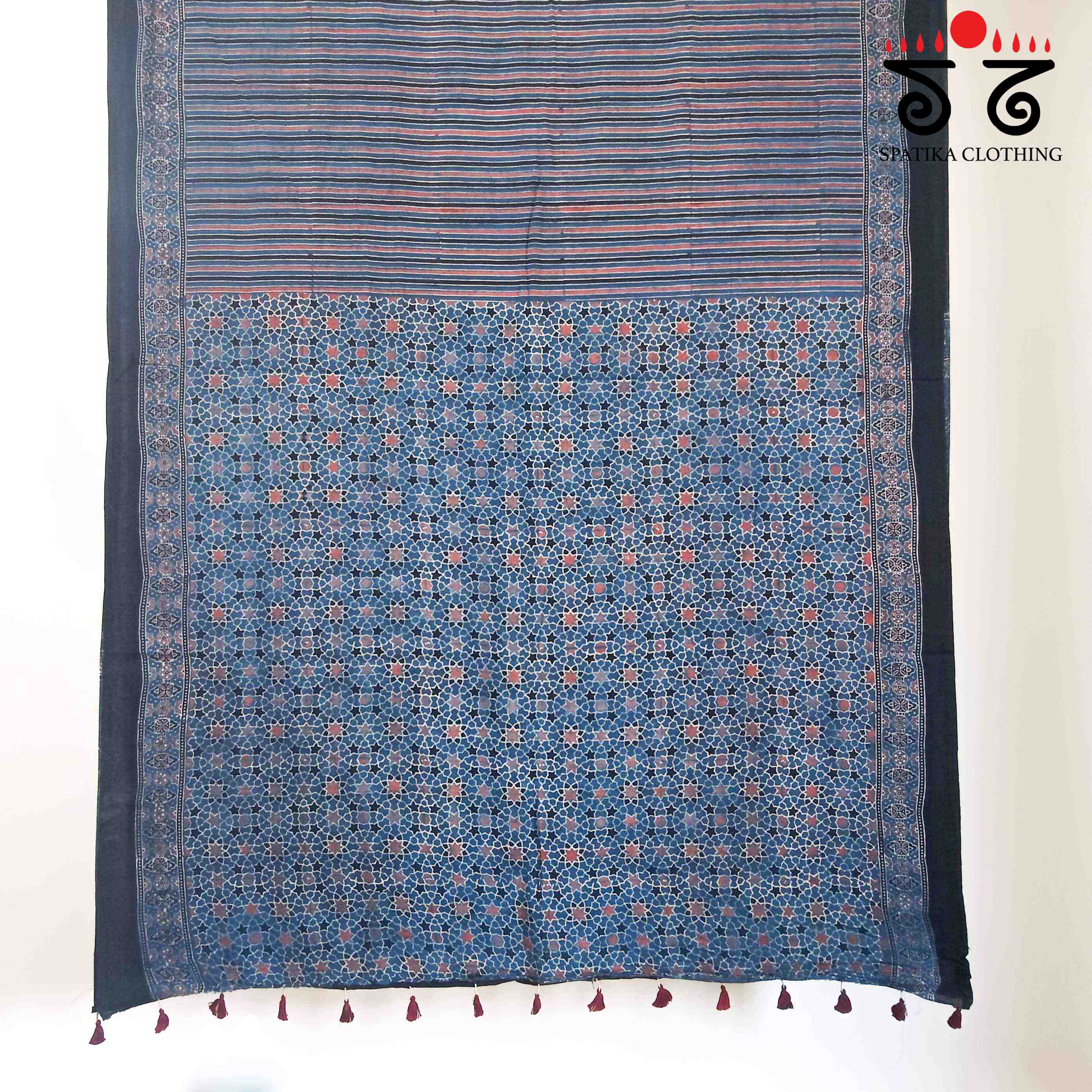 Ajrakh Handblock Print on Blue Mulmul Cotton Saree