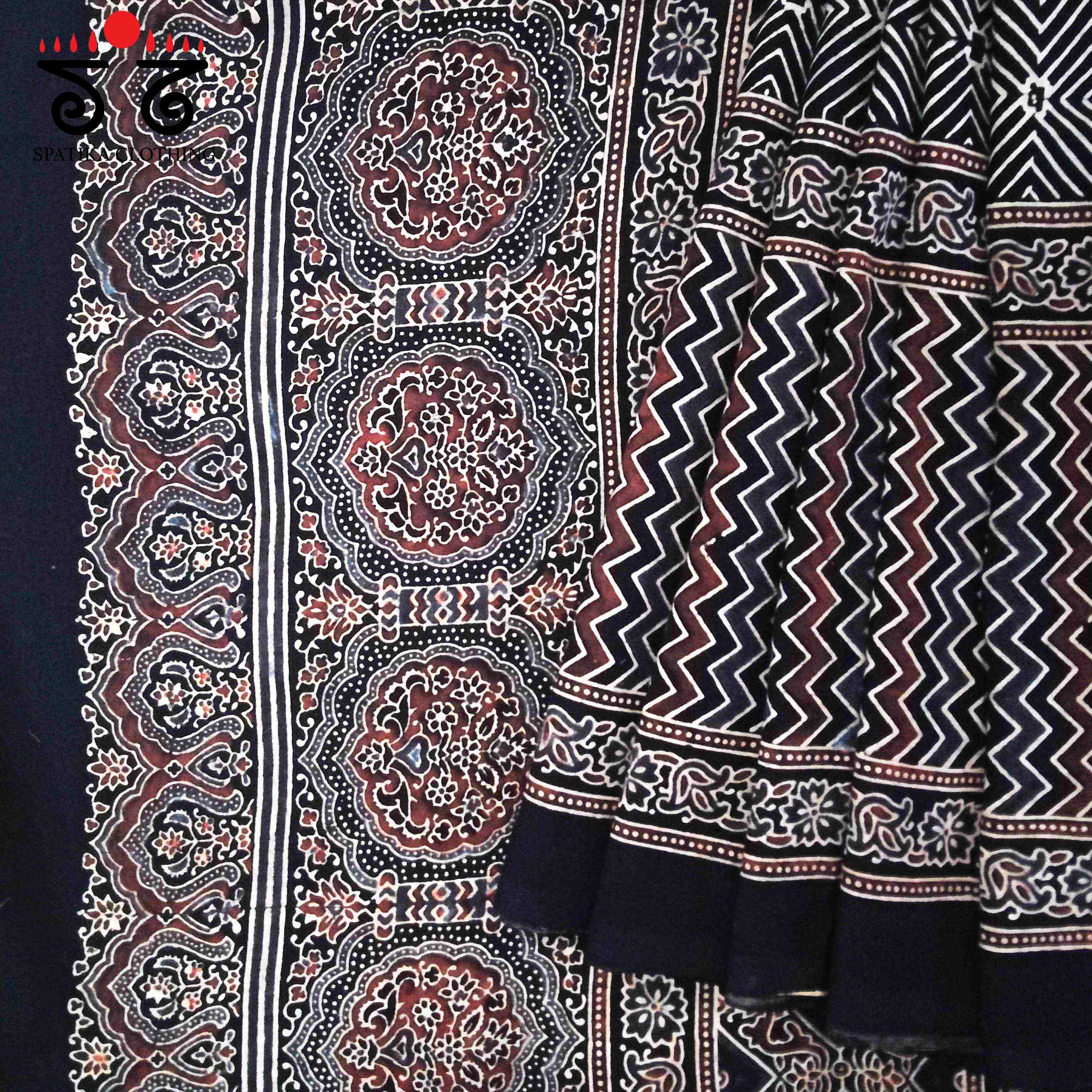 Ajrakh Handblock Print on Black Mulmul Cotton Saree