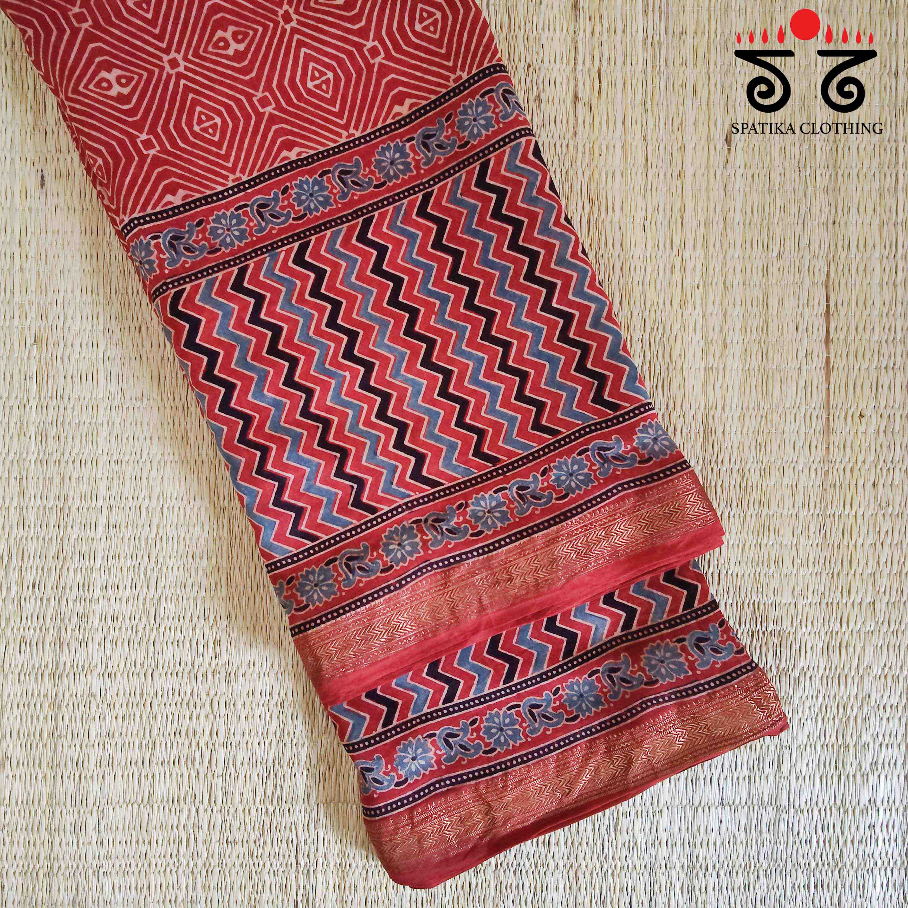 Red Ajrak Maheshwari Silk Cotton Saree