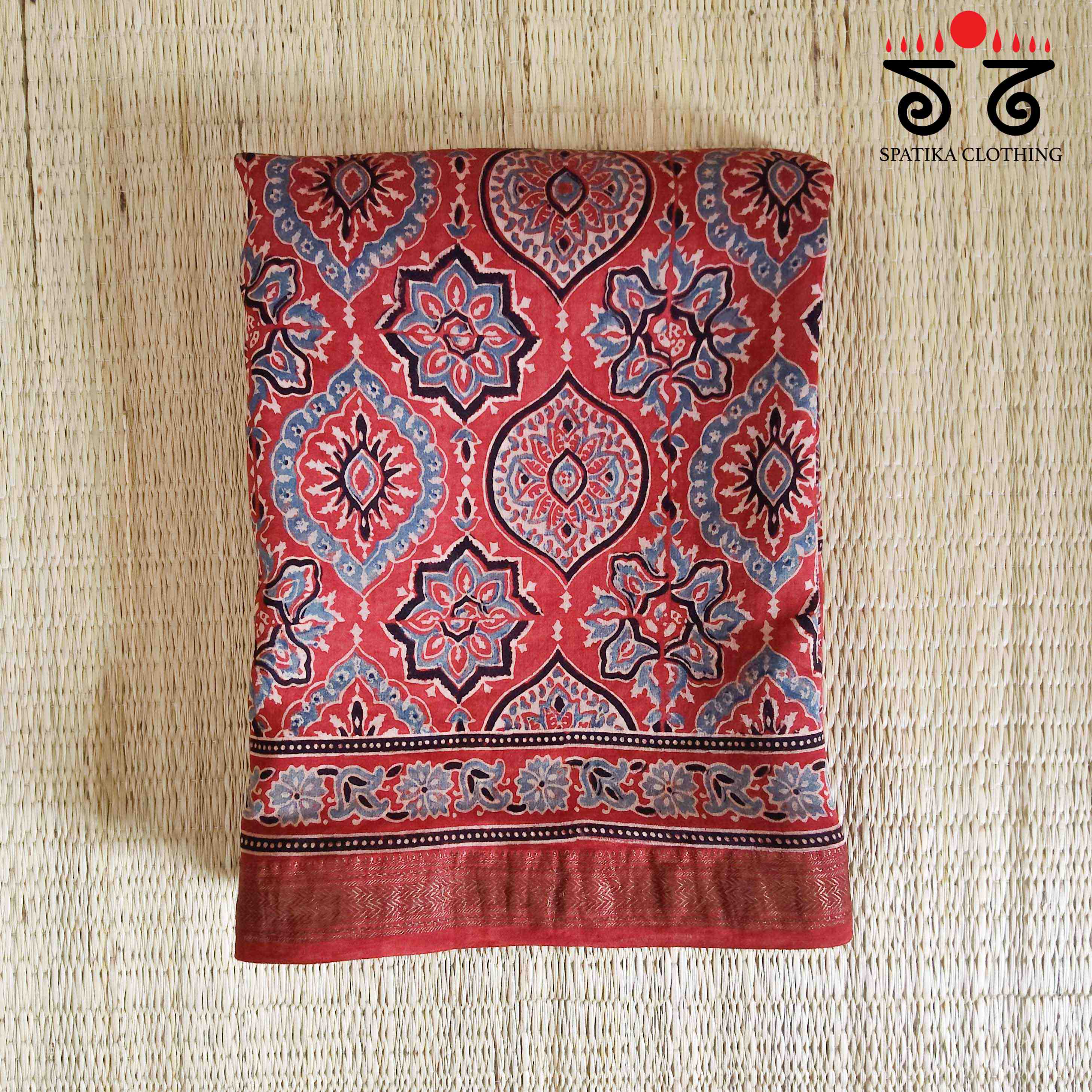 Red Ajrak Maheshwari Silk Cotton Saree