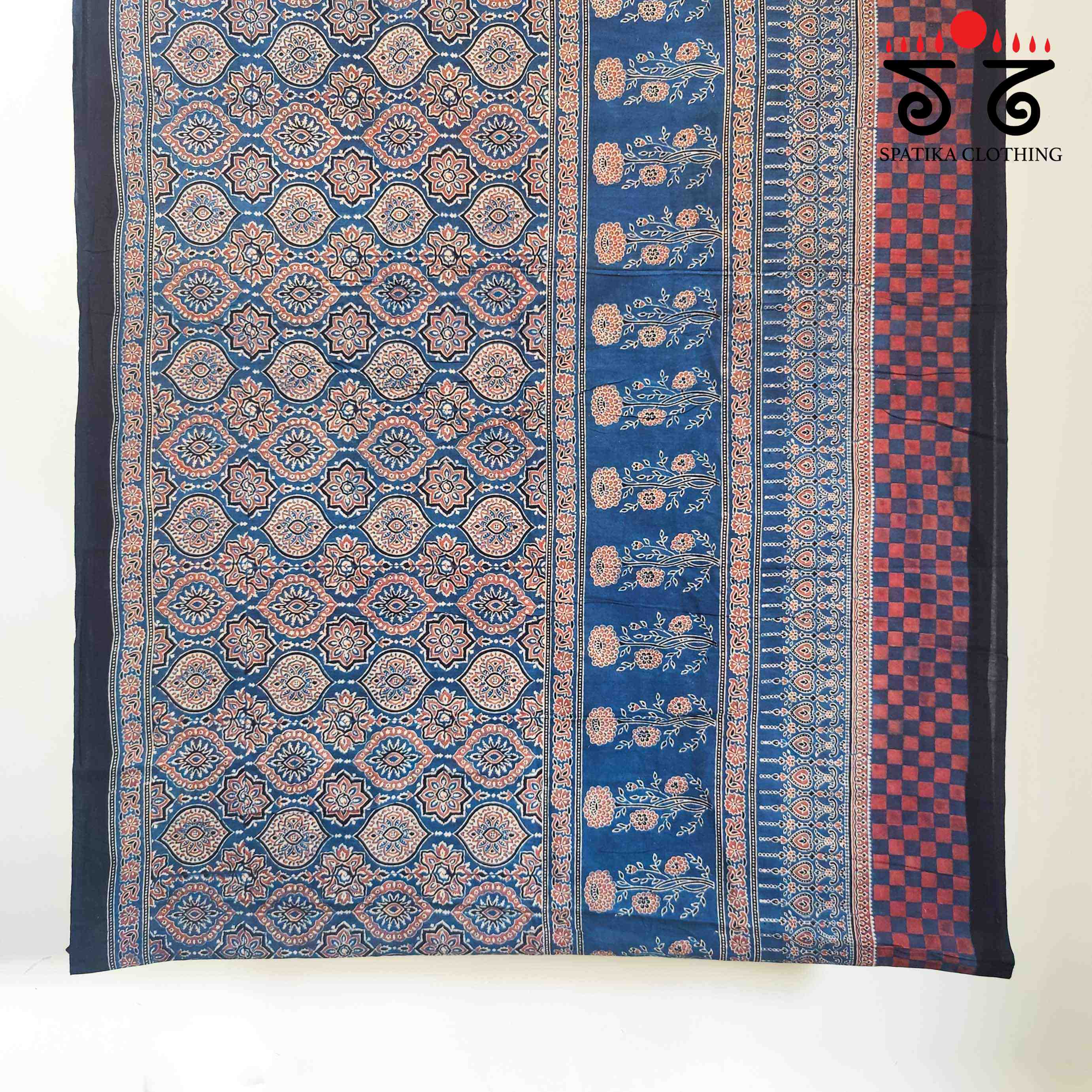 Ajrakh Handblock Print on Blue Mulmul Cotton Saree