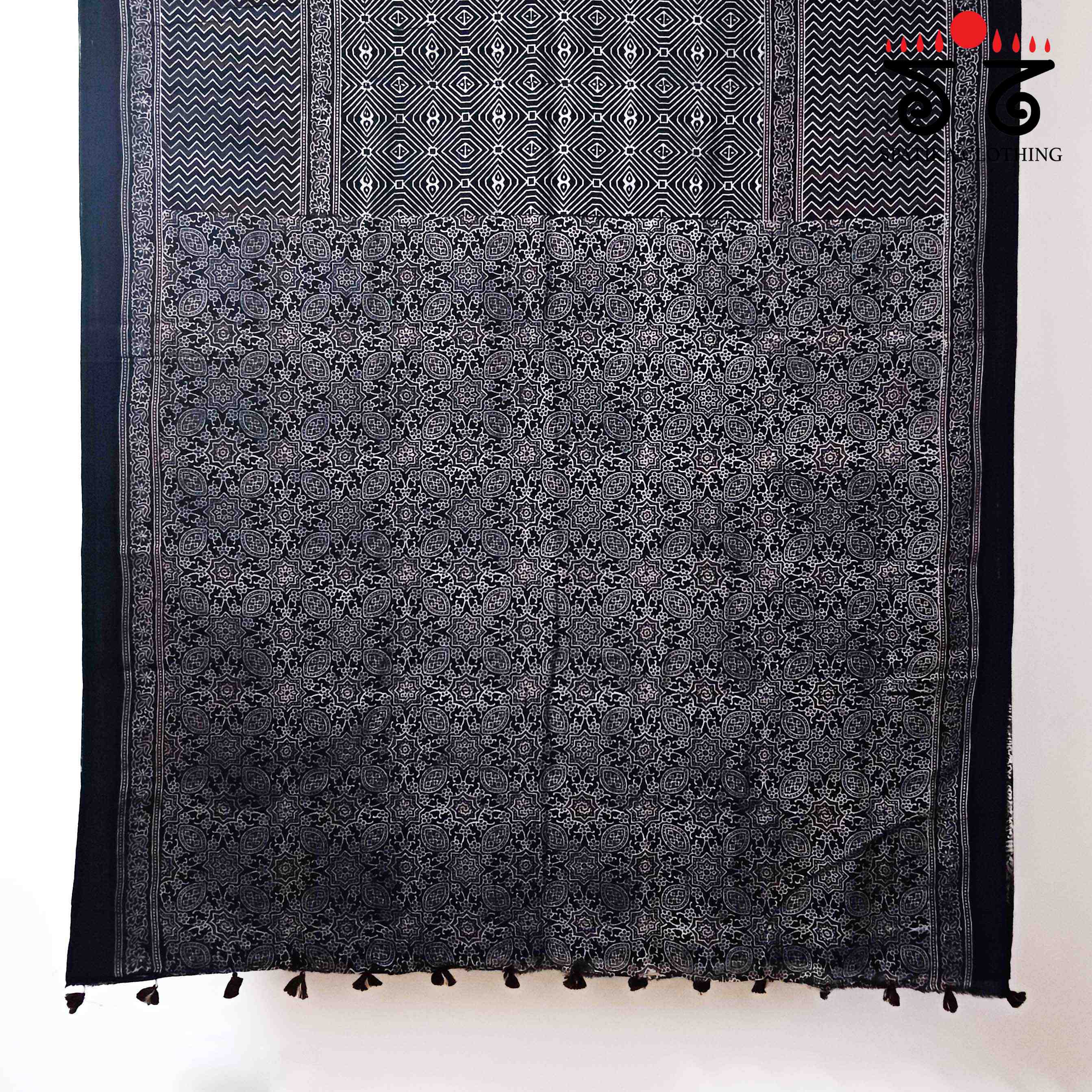 Ajrakh Handblock Print on Black Mulmul Cotton Saree