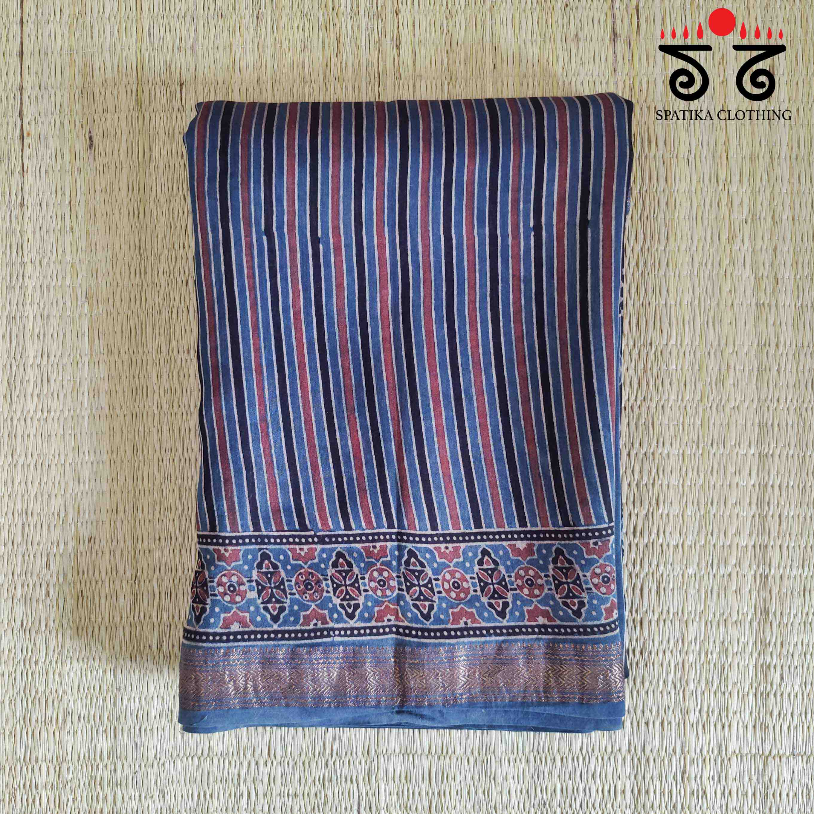 Blue Ajrak Maheshwari Silk Cotton Saree