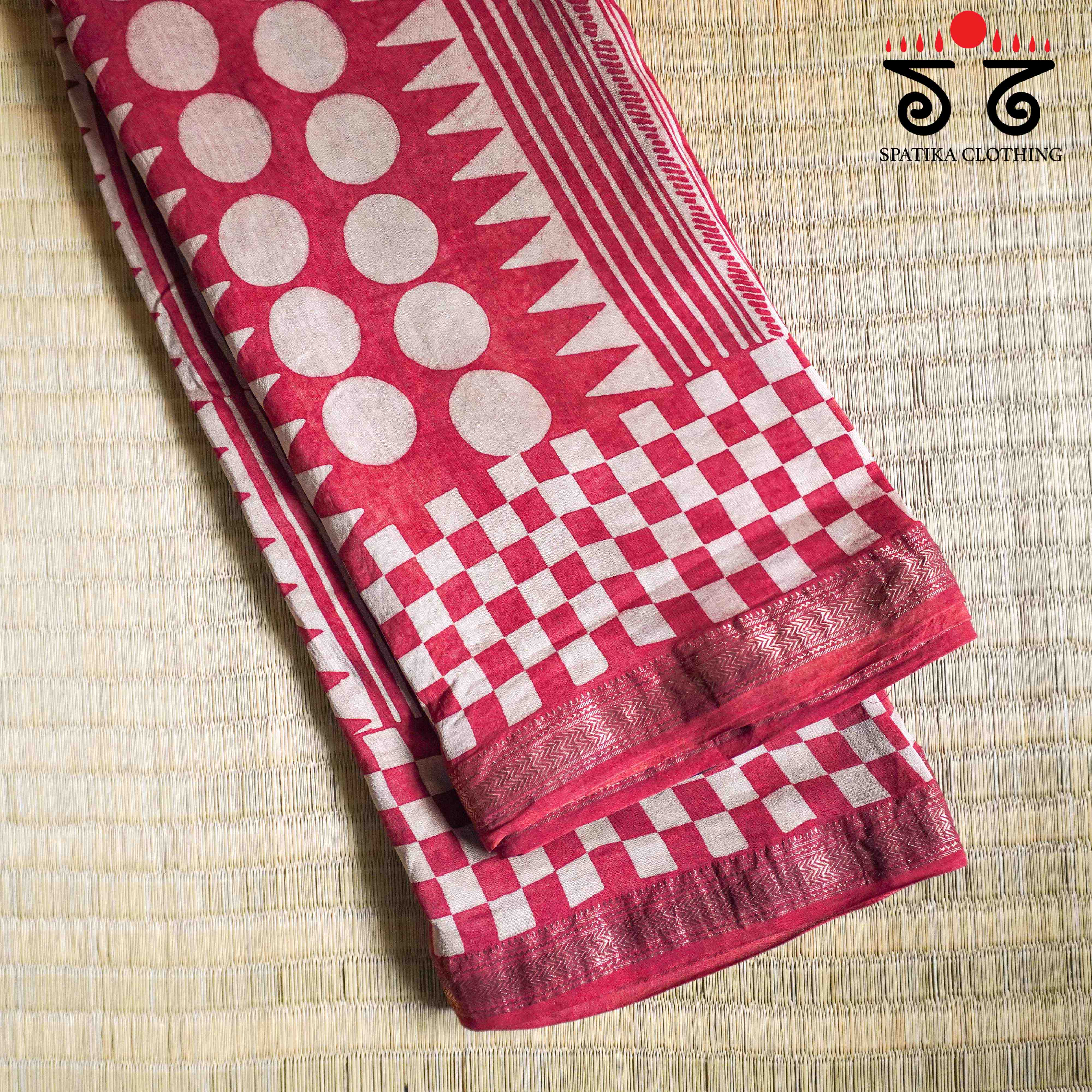 Red Ajrak Maheshwari Silk Cotton Saree