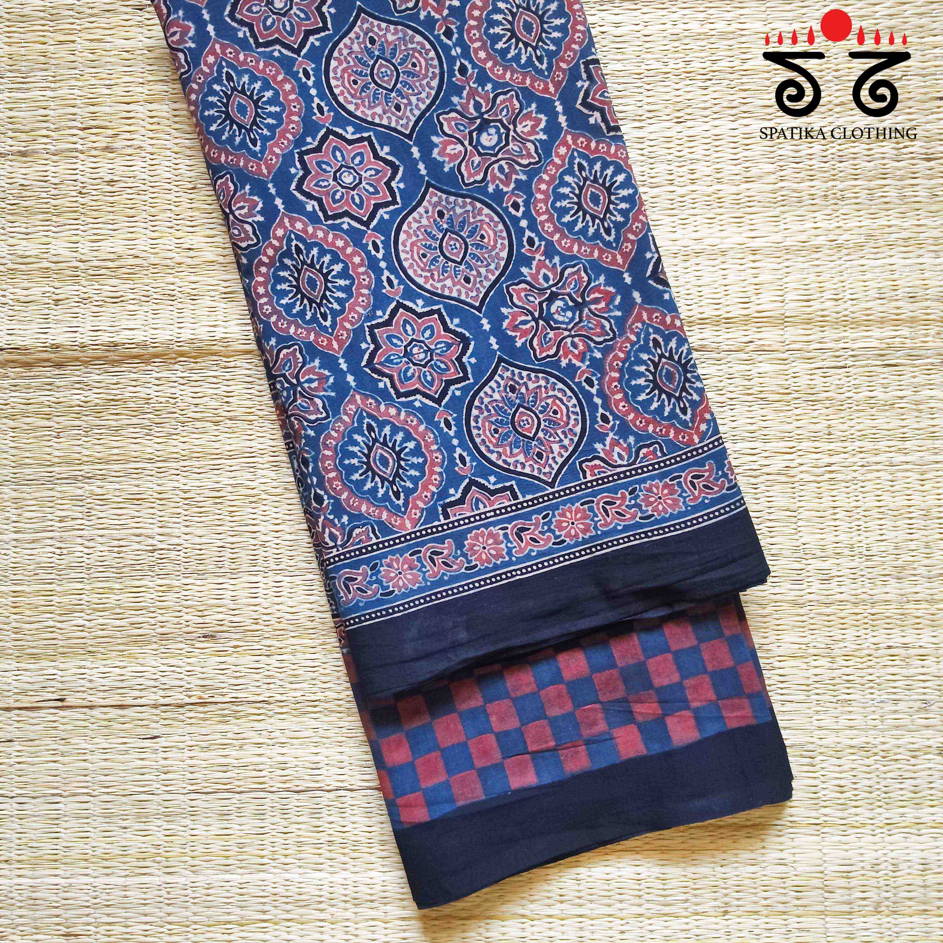 Ajrakh Handblock Print on Blue Mulmul Cotton Saree