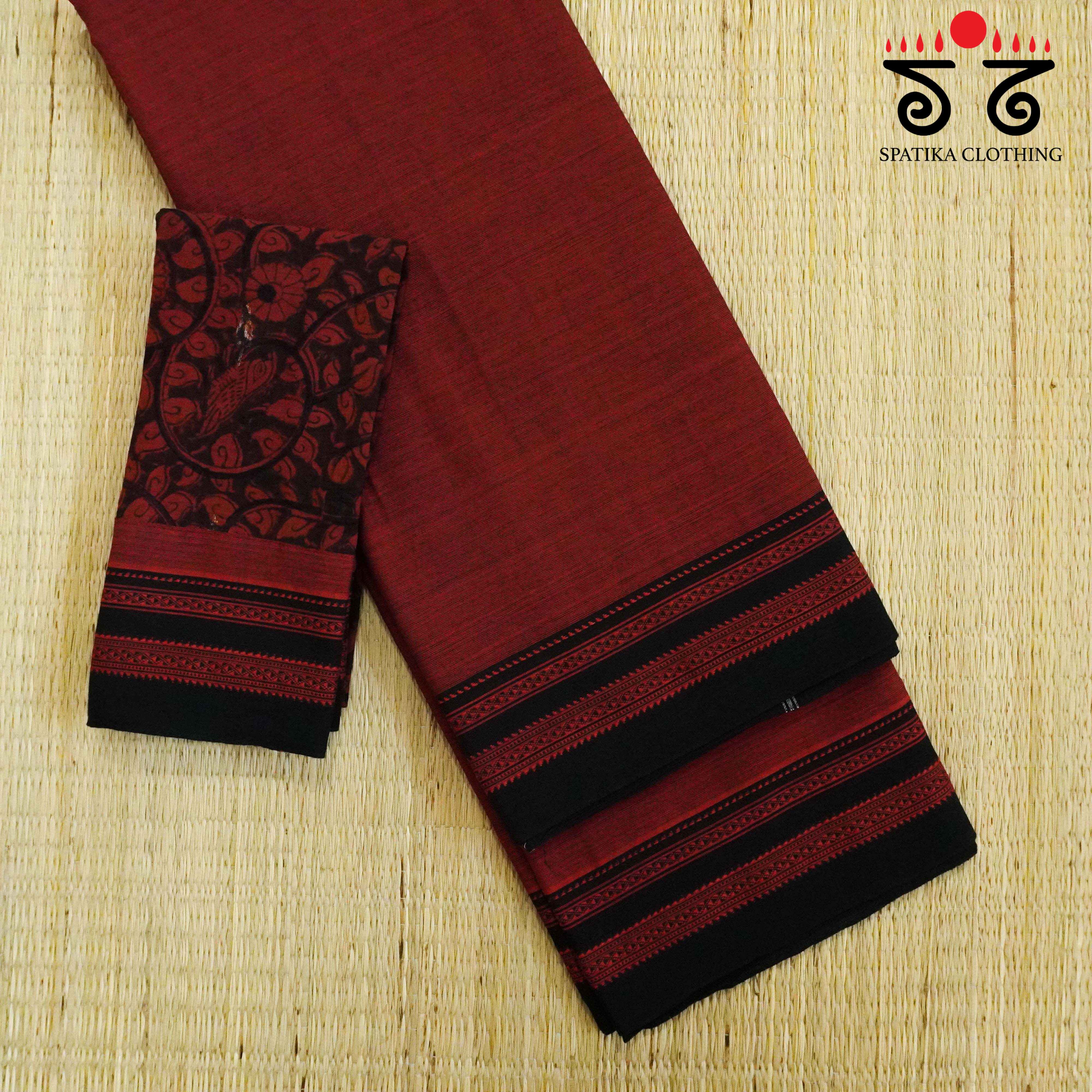 Red Ilkal Handwoven Cotton Saree - Pen Kalamkari Blouse