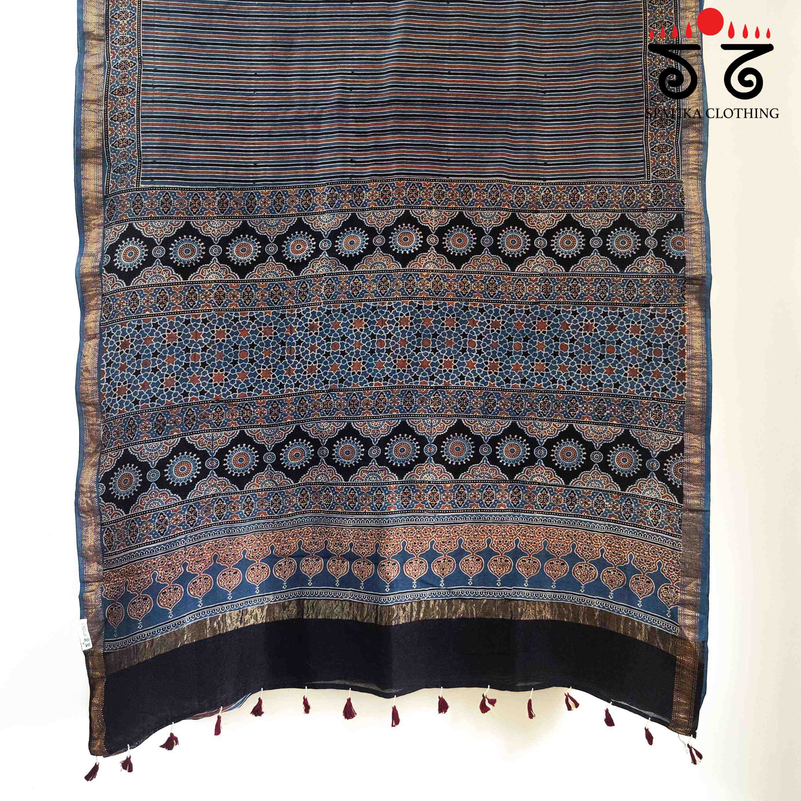 Blue Ajrak Maheshwari Silk Cotton Saree