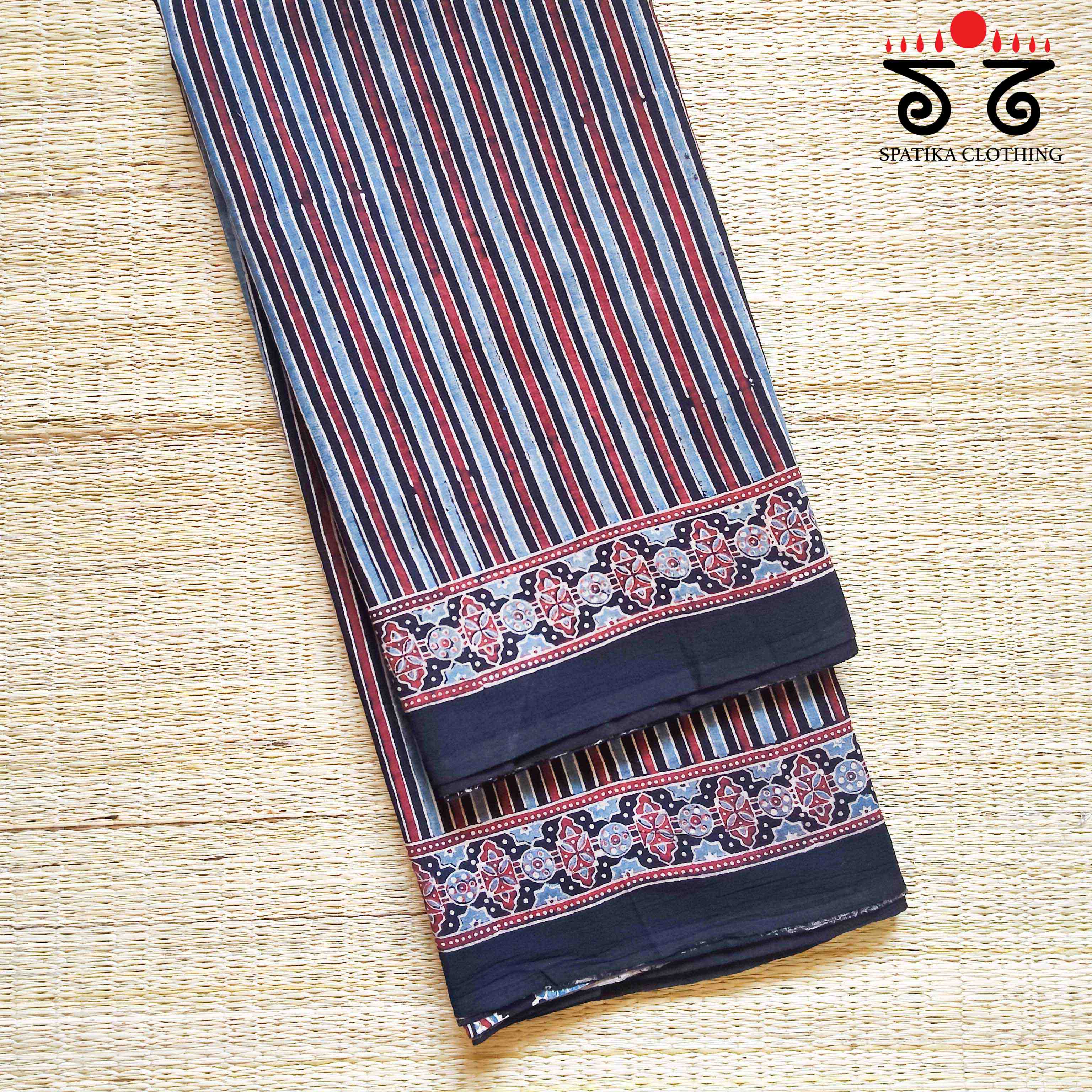 Ajrakh Handblock Print on Black Mulmul Cotton Saree