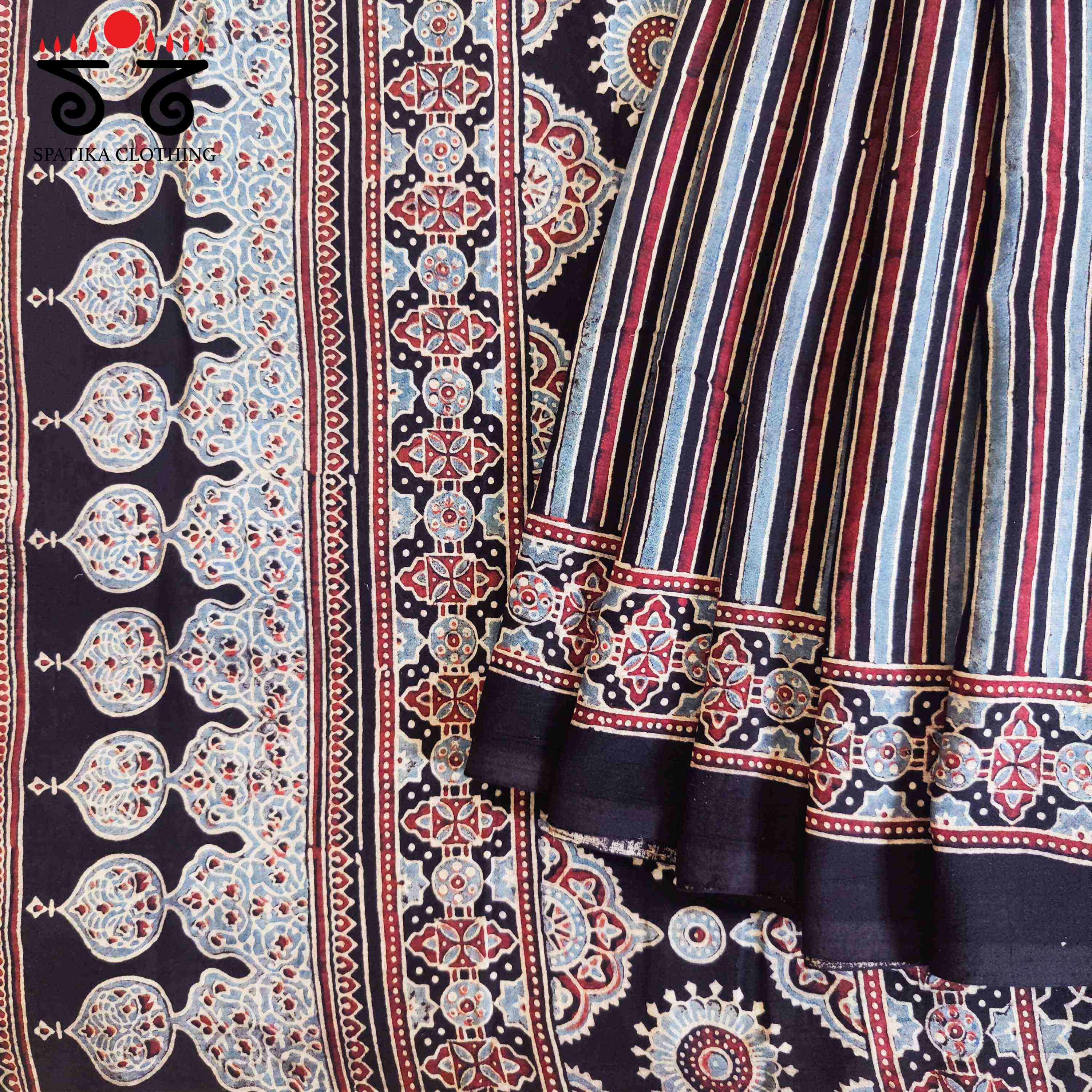 Ajrakh Handblock Print on Black Mulmul Cotton Saree