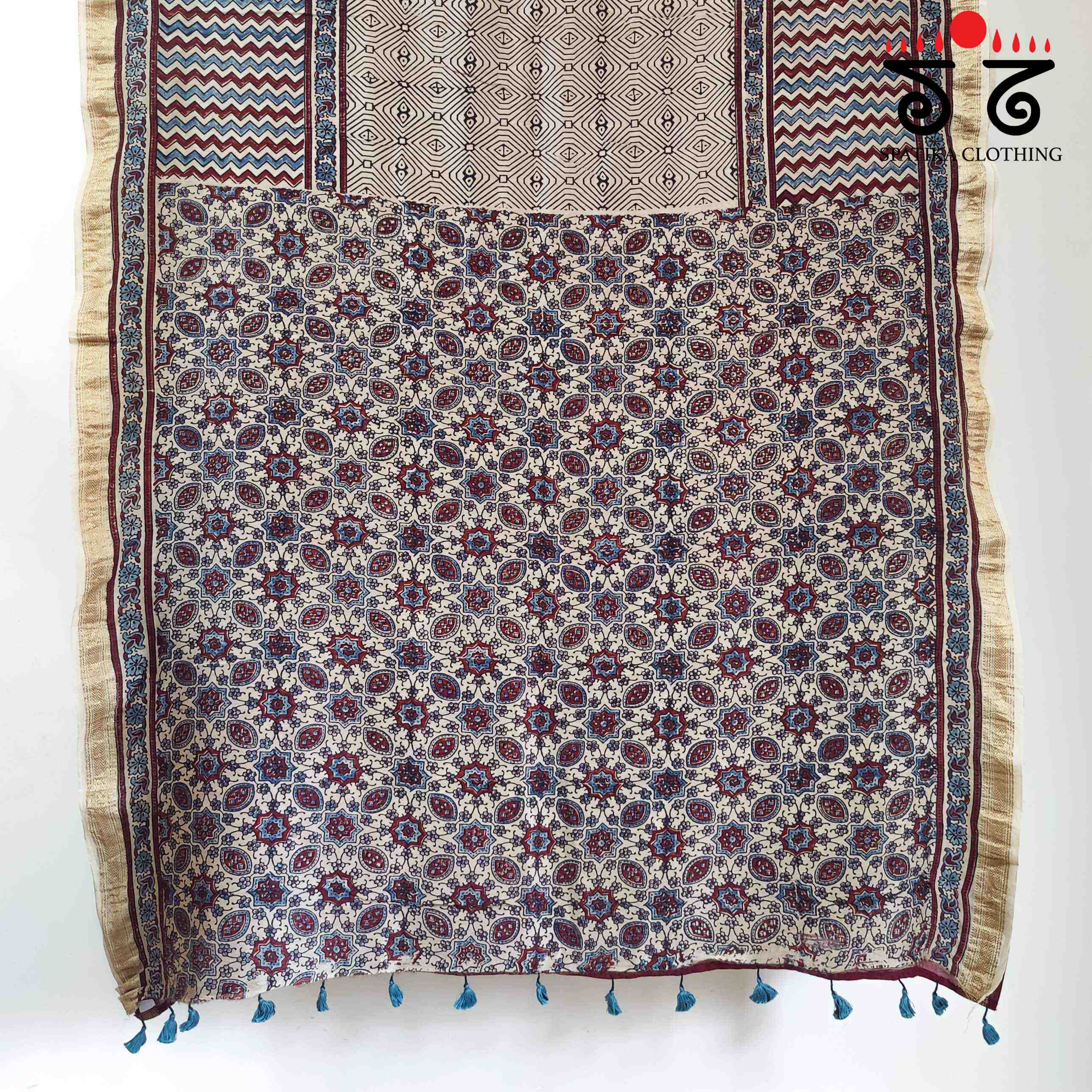 White Ajrak Maheshwari Silk Cotton Saree