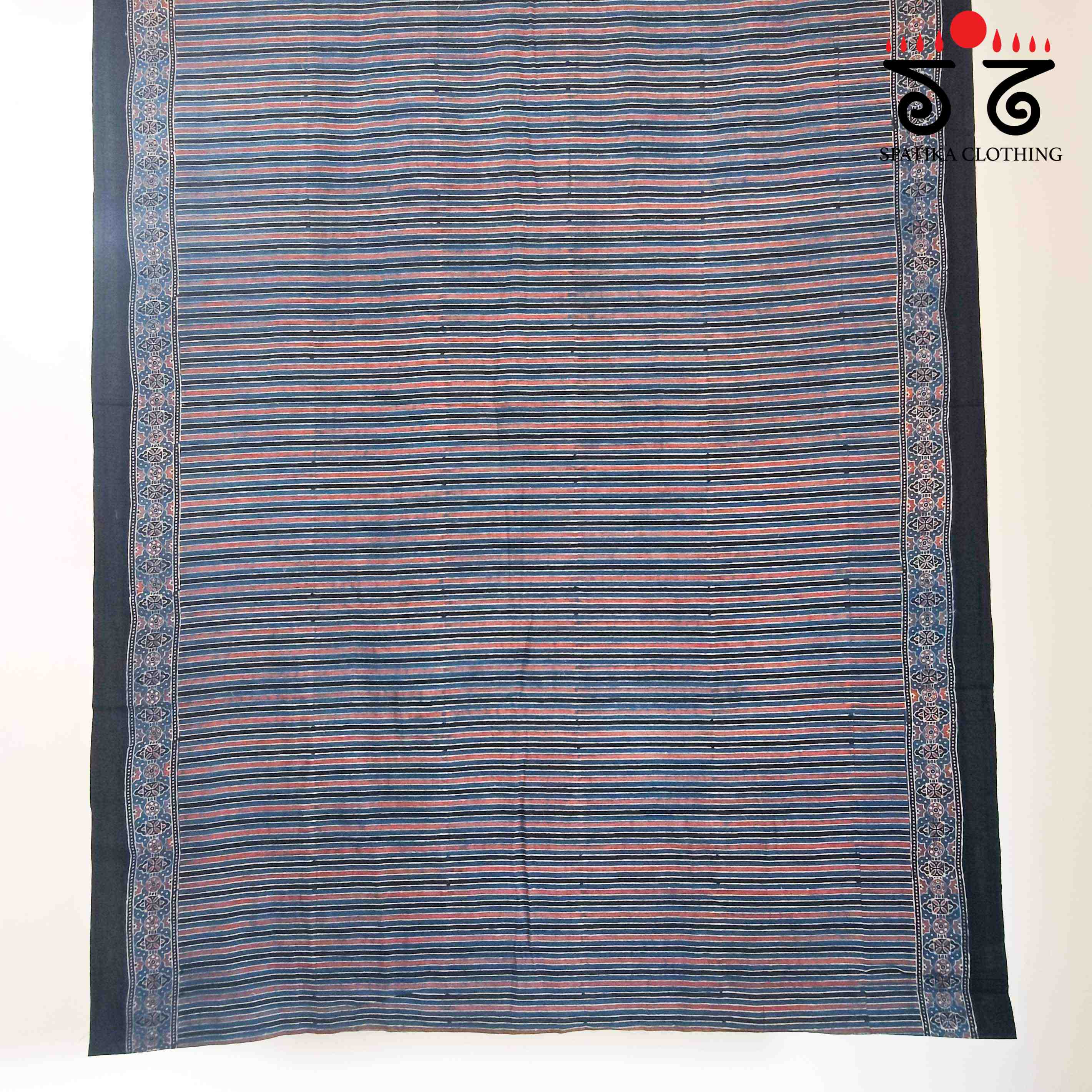 Ajrakh Handblock Print on Blue Mulmul Cotton Saree