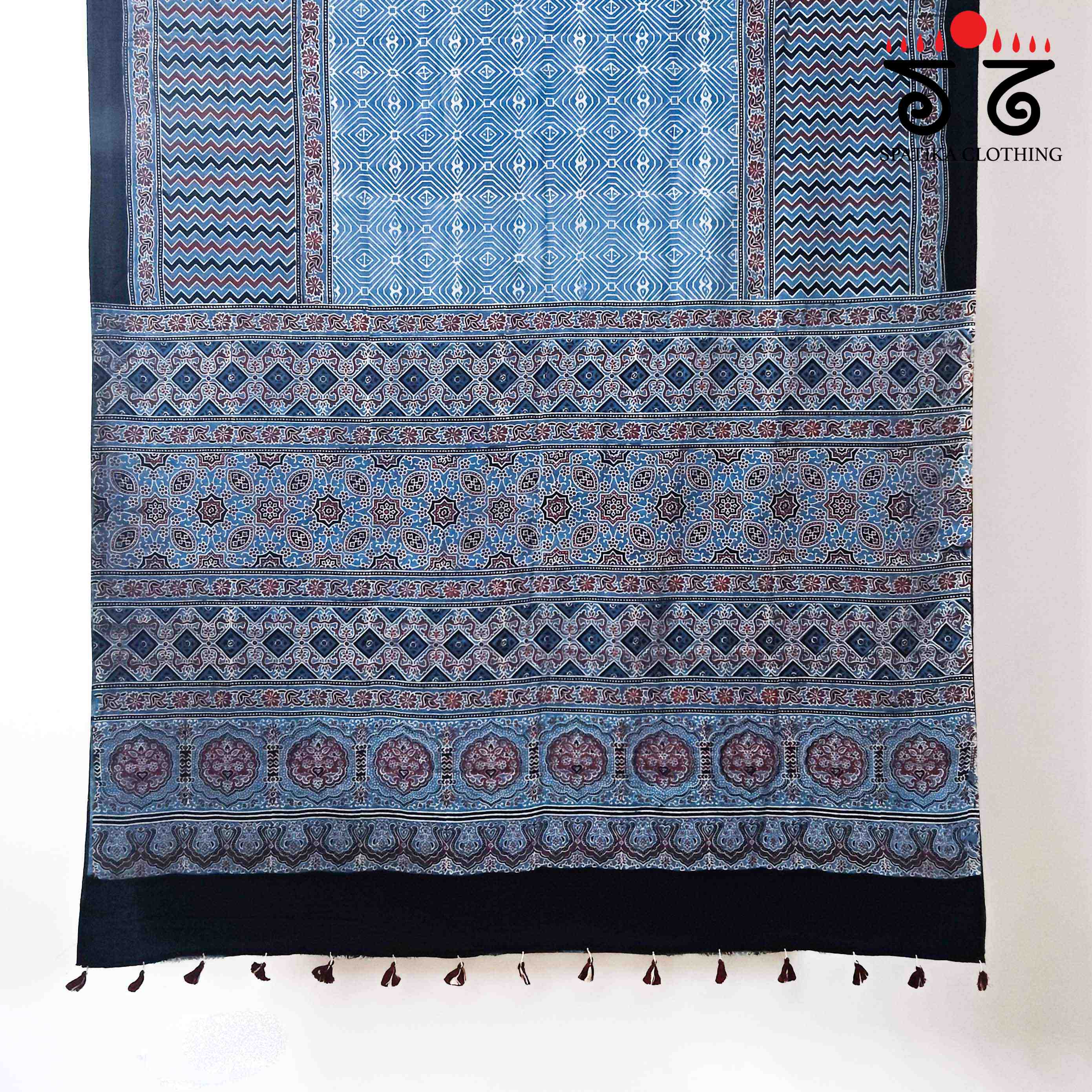 Ajrakh Handblock Print on Blue Mulmul Cotton Saree