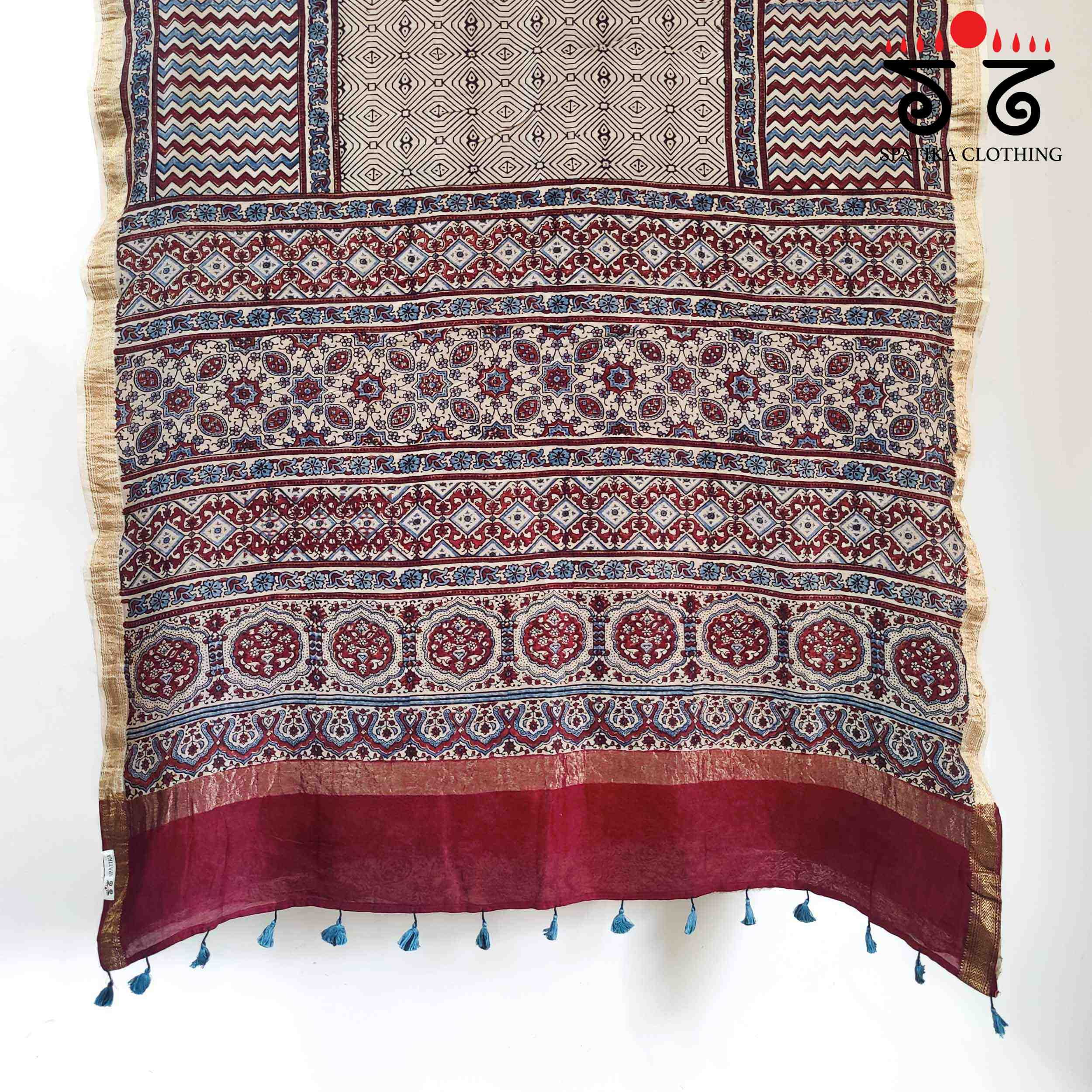 White Ajrak Maheshwari Silk Cotton Saree
