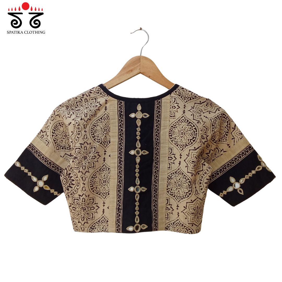 Off White & Black Ajrak Mirror Work Blouse New!