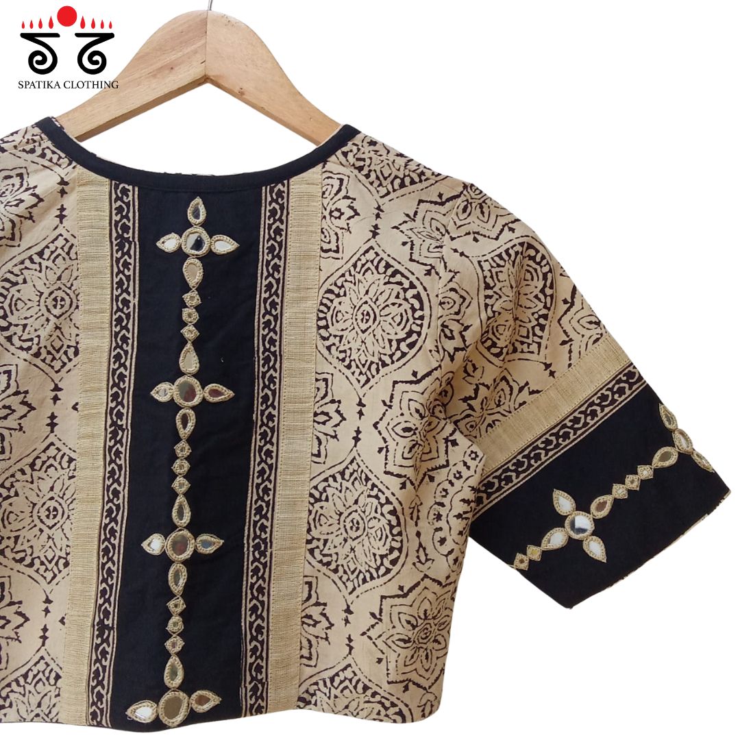 Off White & Black Ajrak Mirror Work Blouse New!