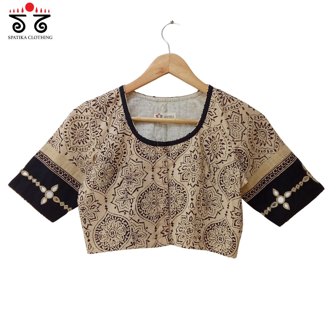 Off White & Black Ajrak Mirror Work Blouse New!