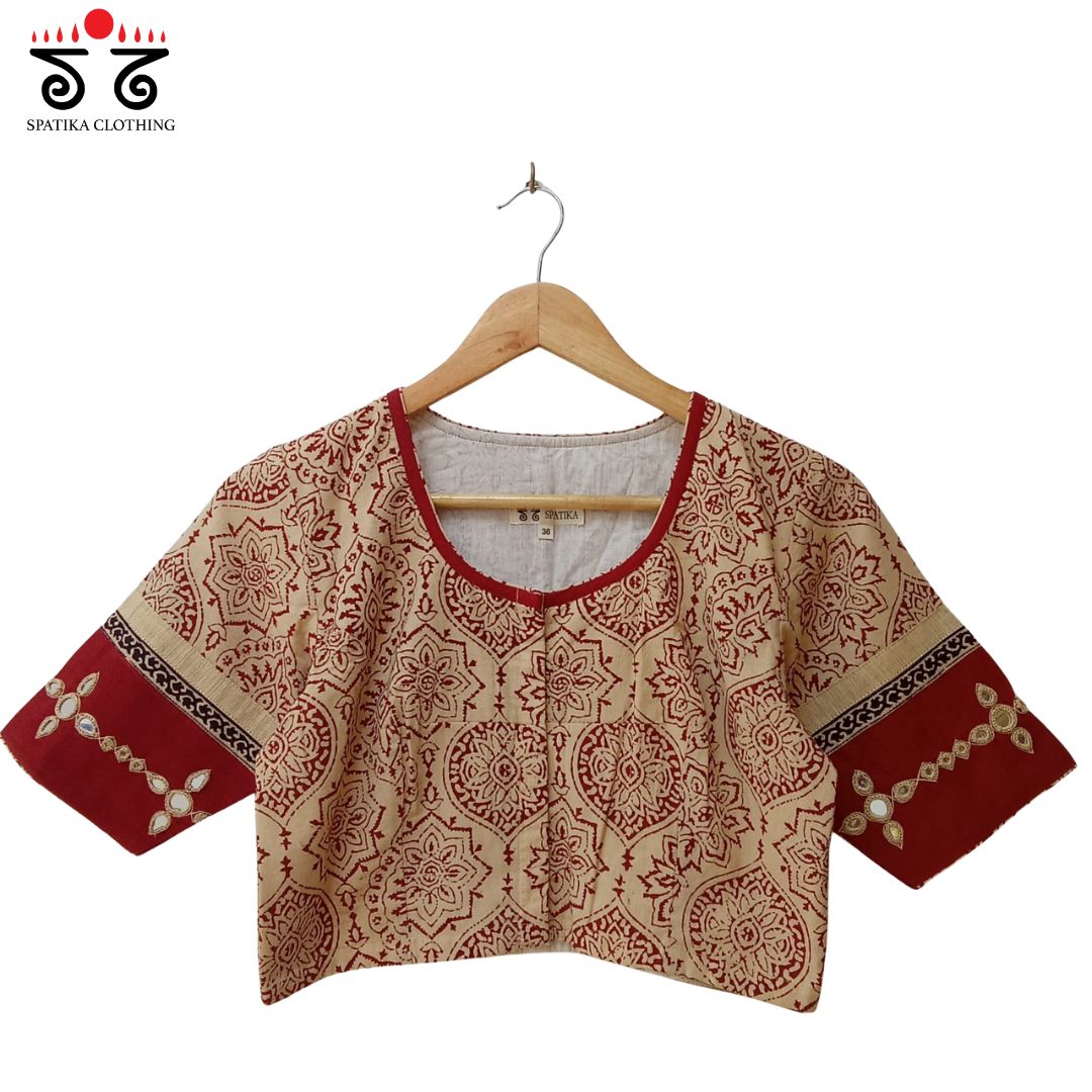 Off-white & Red Ajrak Mirror Work Blouse New!