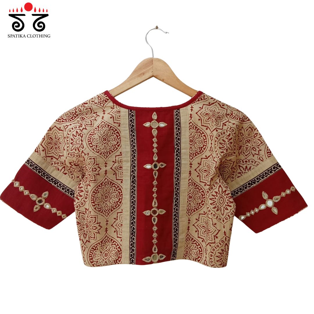 Off-white & Red Ajrak Mirror Work Blouse New!