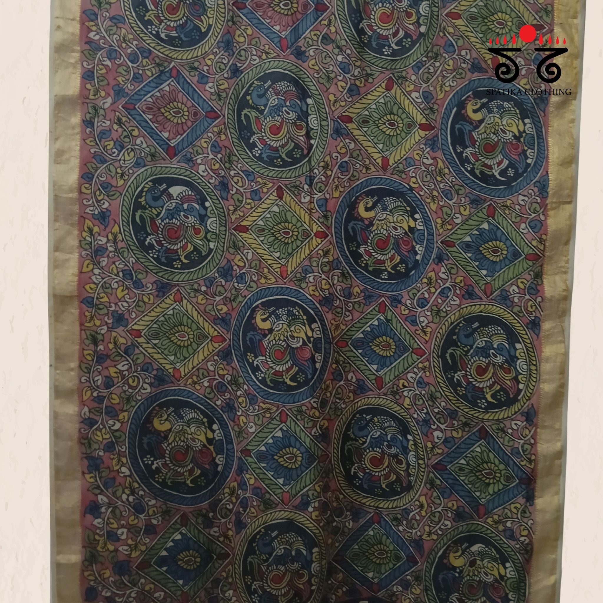 Rose Pink & Indigo Pen Kalamkari Mangalagiri Saree