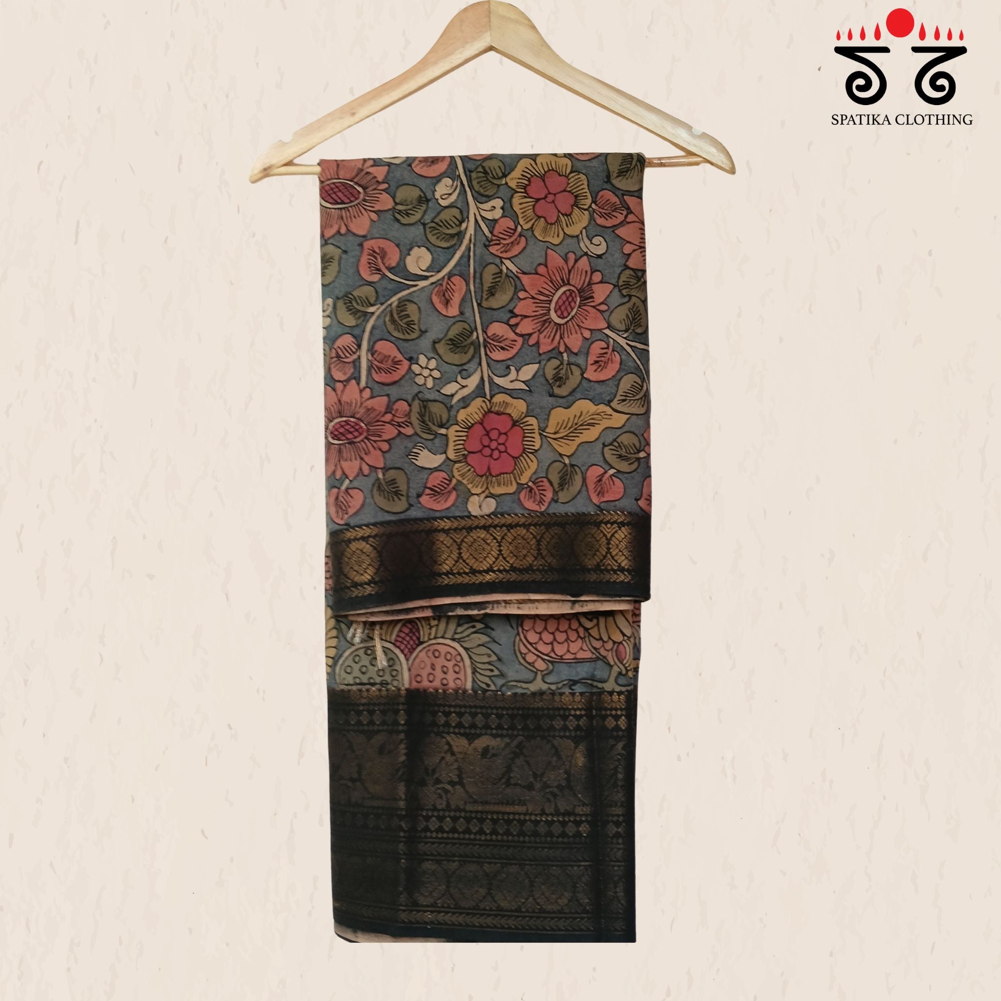Blue & Black Pen Kalamkari Handpainted Silk Cotton Saree