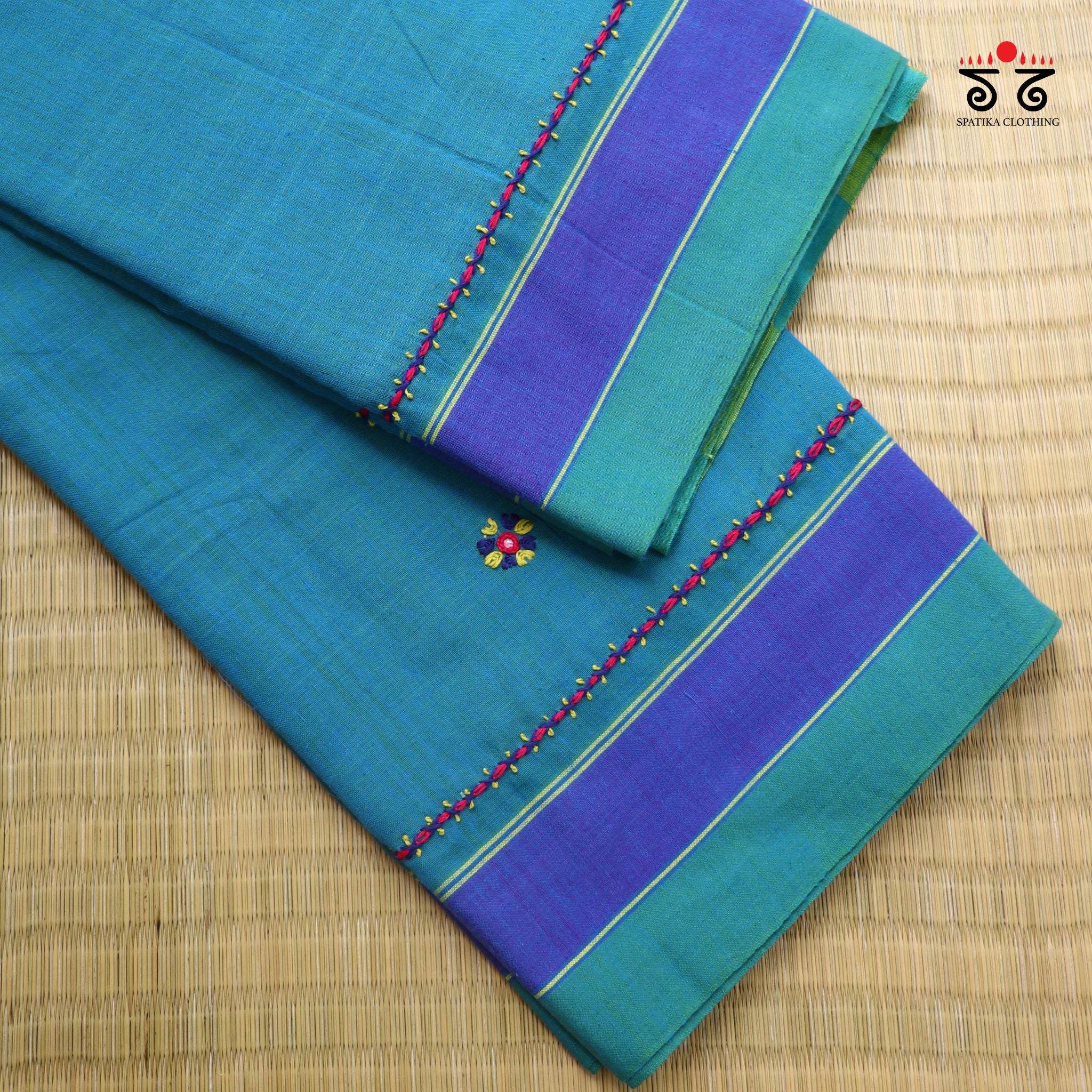 Blue Ilkal Handembroidered Cotton Saree