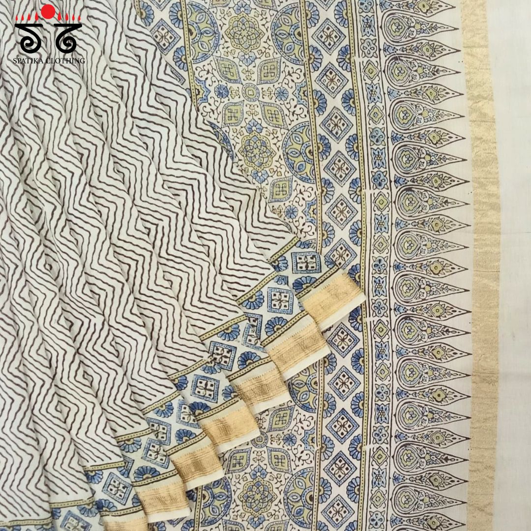 Off White Ajrak Maheshwari Silk Cotton Saree