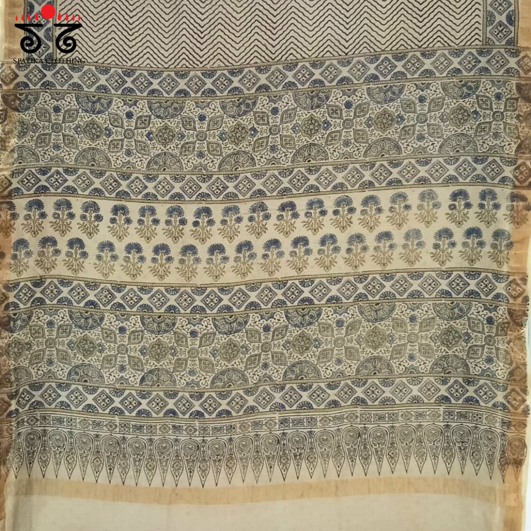 Off White Ajrak Maheshwari Silk Cotton Saree
