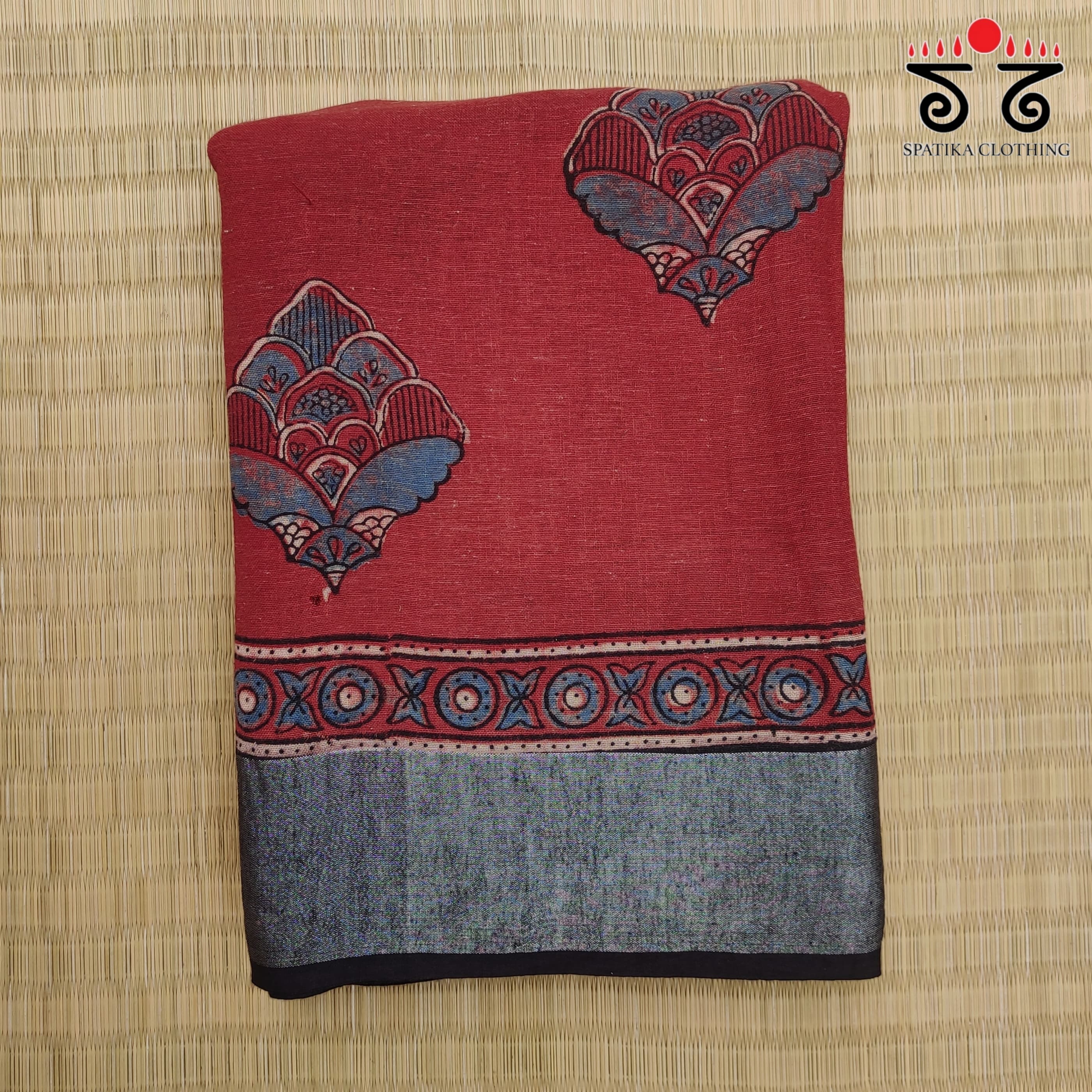 Ajrak Handblock Printed Red & Silver Linen Saree