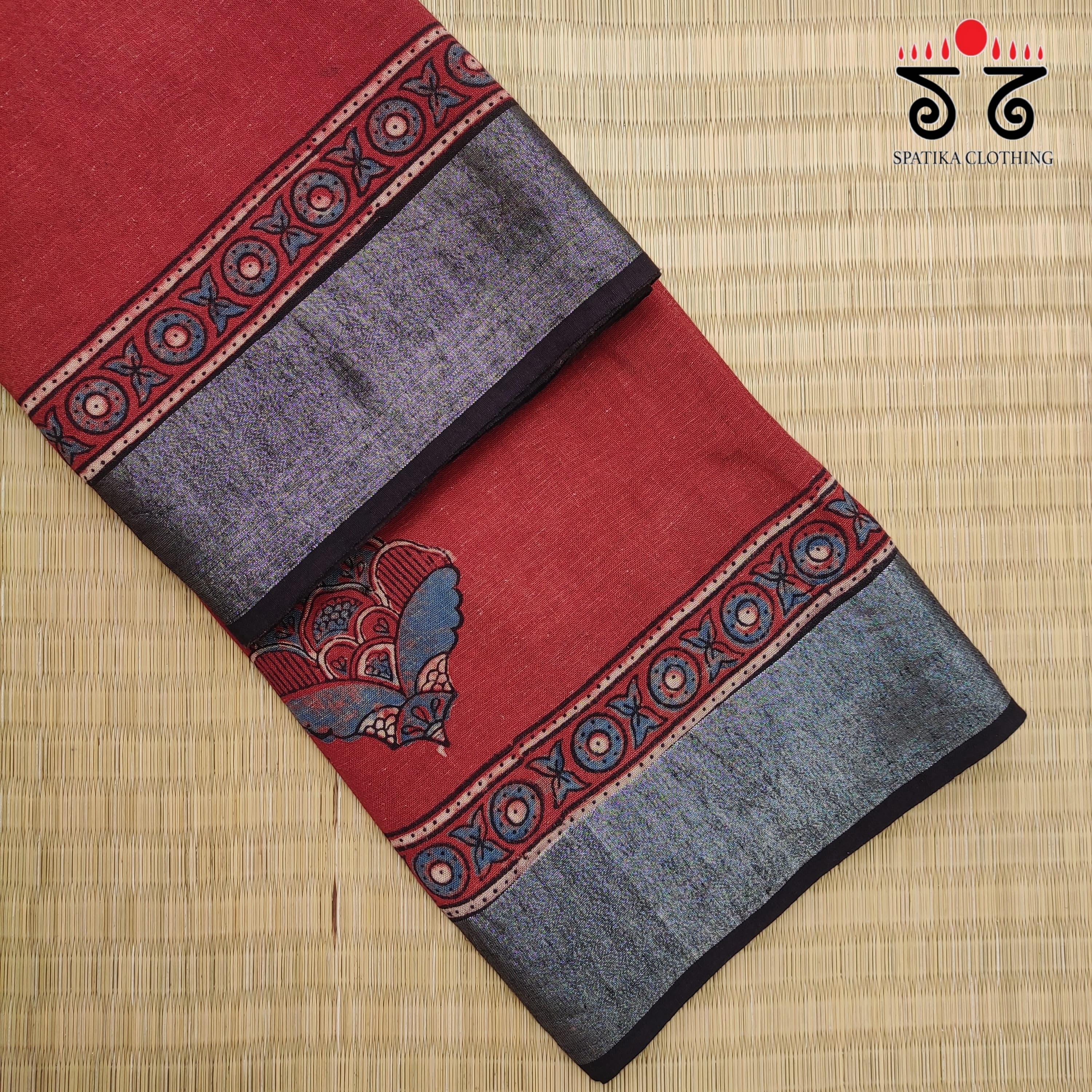 Ajrak Handblock Printed Red & Silver Linen Saree