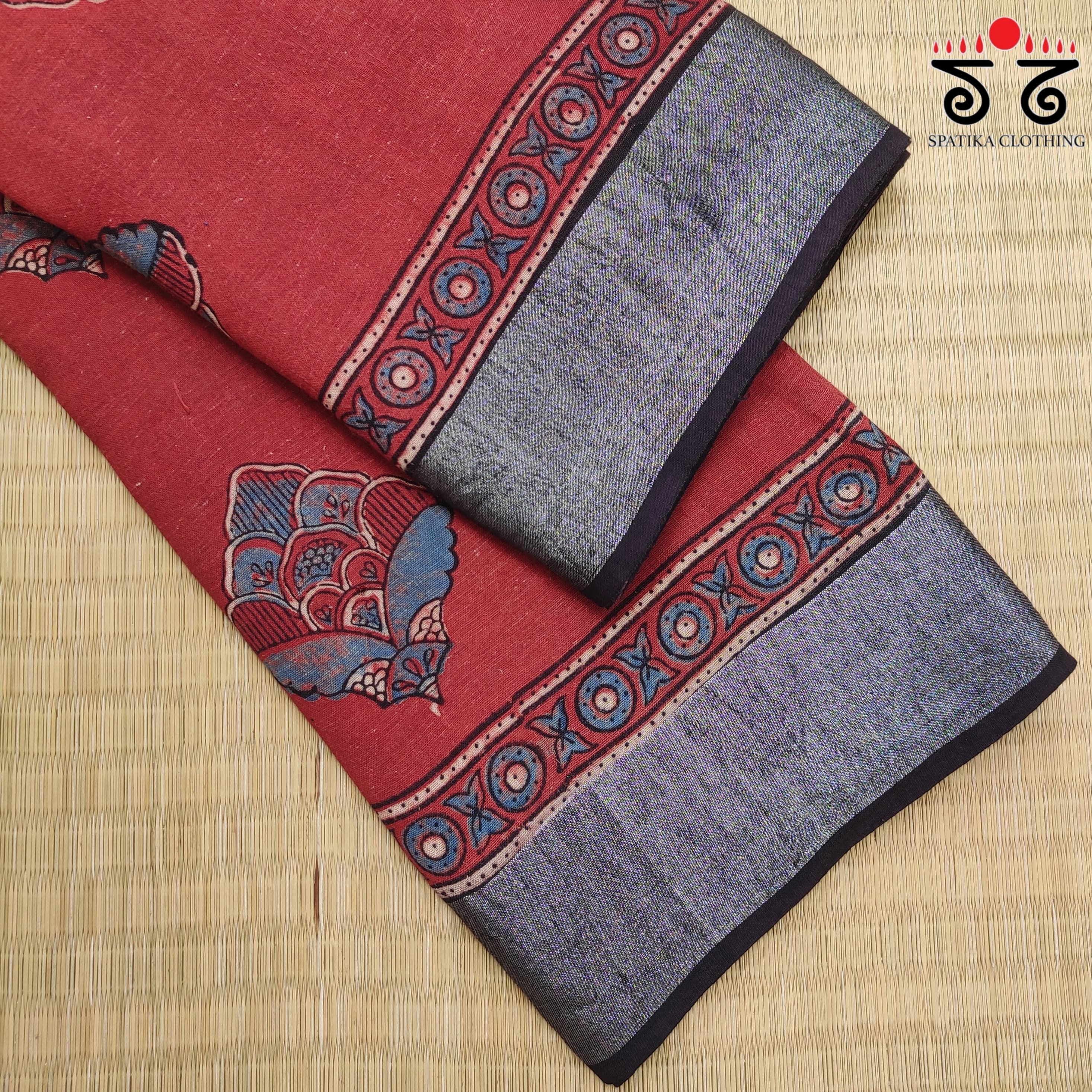Ajrak Handblock Printed Red & Silver Linen Saree