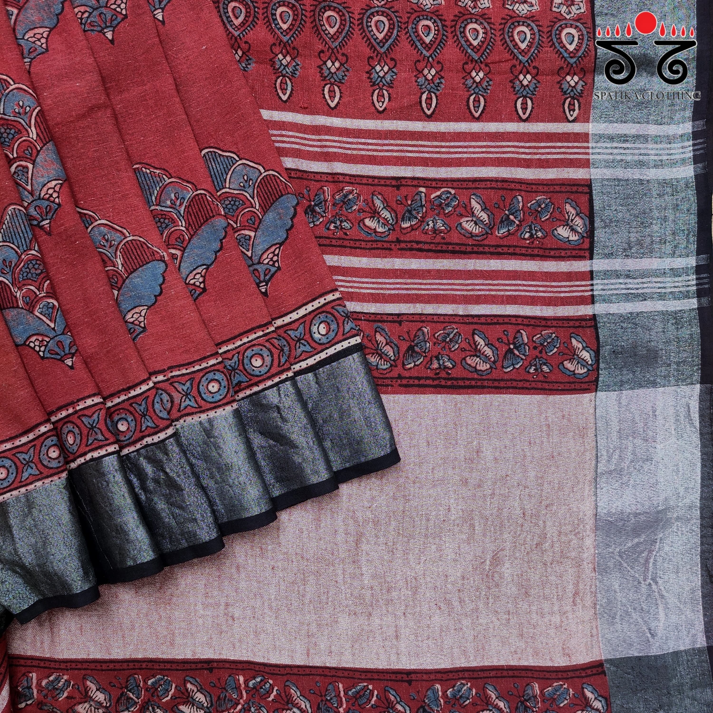 Ajrak Handblock Printed Red & Silver Linen Saree