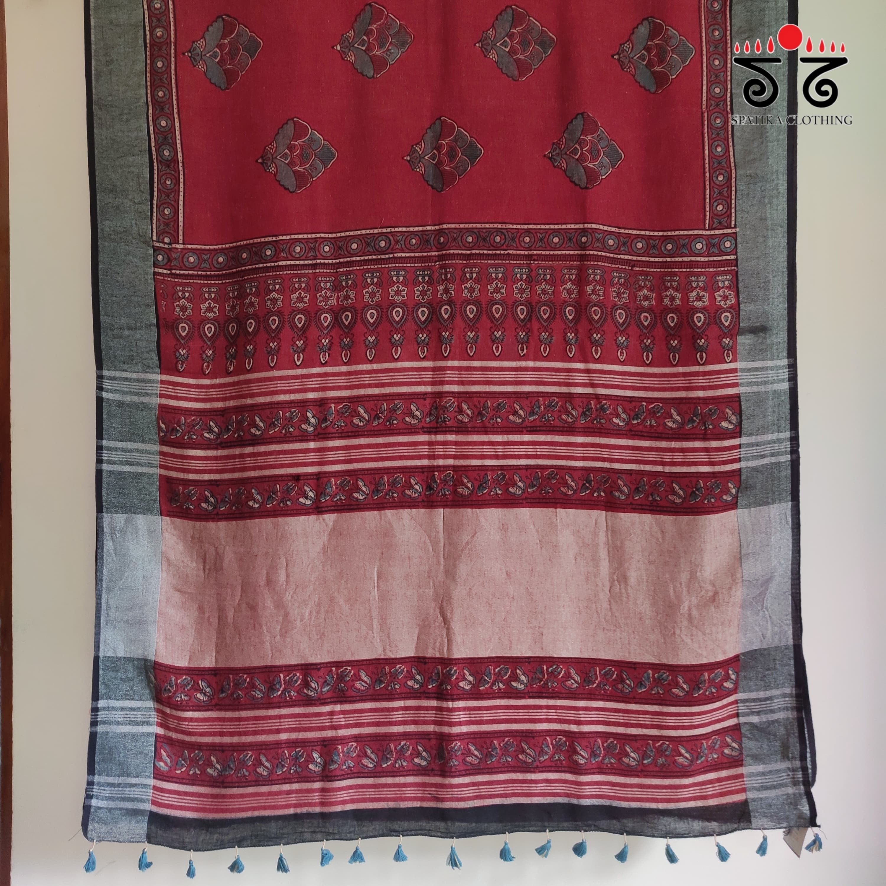 Ajrak Handblock Printed Red & Silver Linen Saree